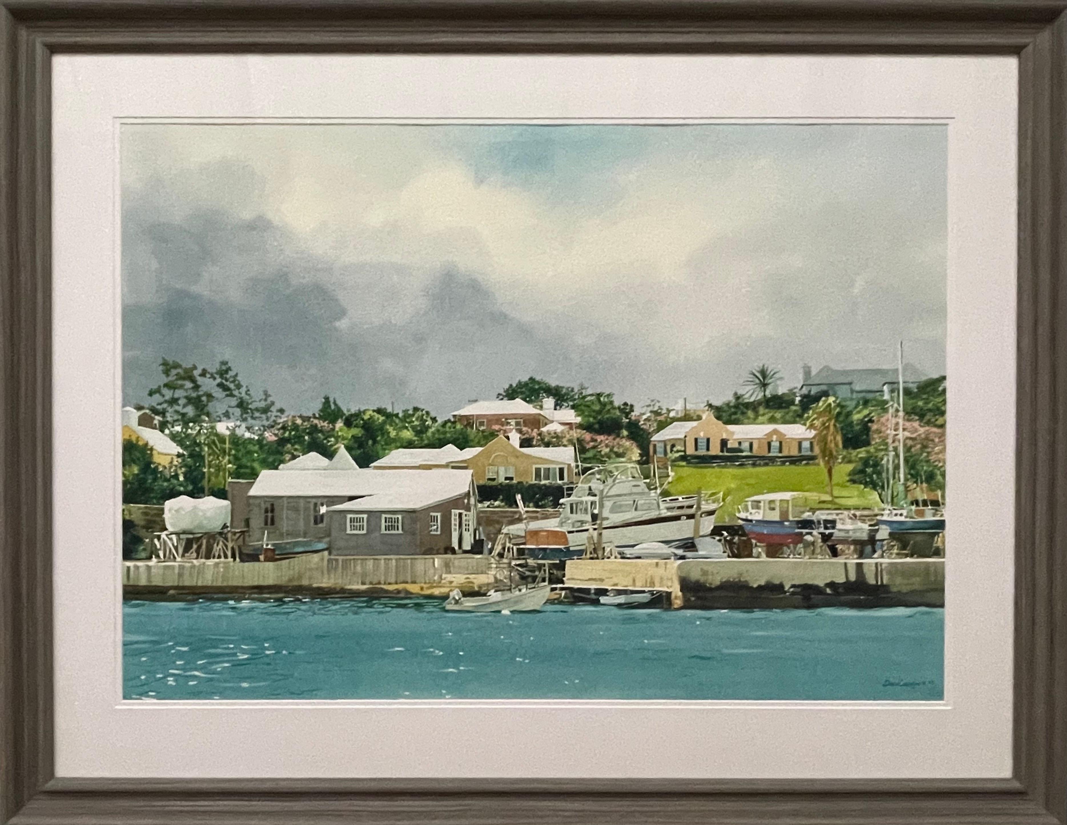 Landscape Art David Coolidge - Grande aquarelle de bateaux de satisfaction Moored on the River en Floride par un artiste américain