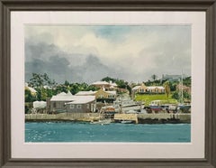 Large Watercolour of Pleasure Boats Moored on the River in Florida by USA Artist