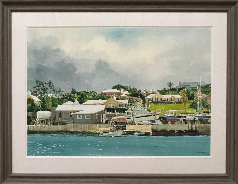 David Coolidge Landscape Art - Large Watercolour of Pleasure Boats Moored on the River in Florida by USA Artist