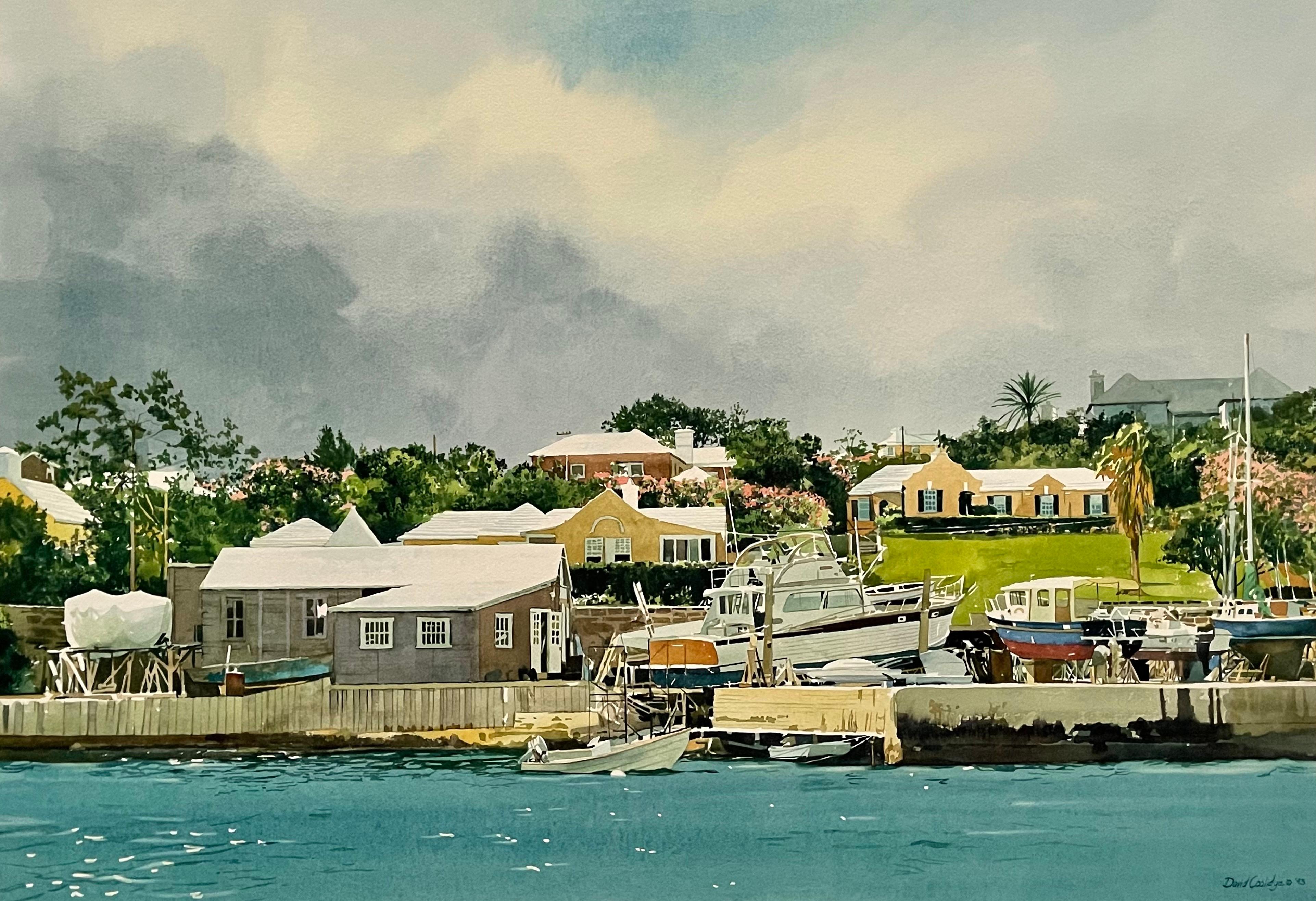 Grande aquarelle de bateaux de satisfaction Moored on the River en Floride par un artiste américain - Réalisme américain Art par David Coolidge