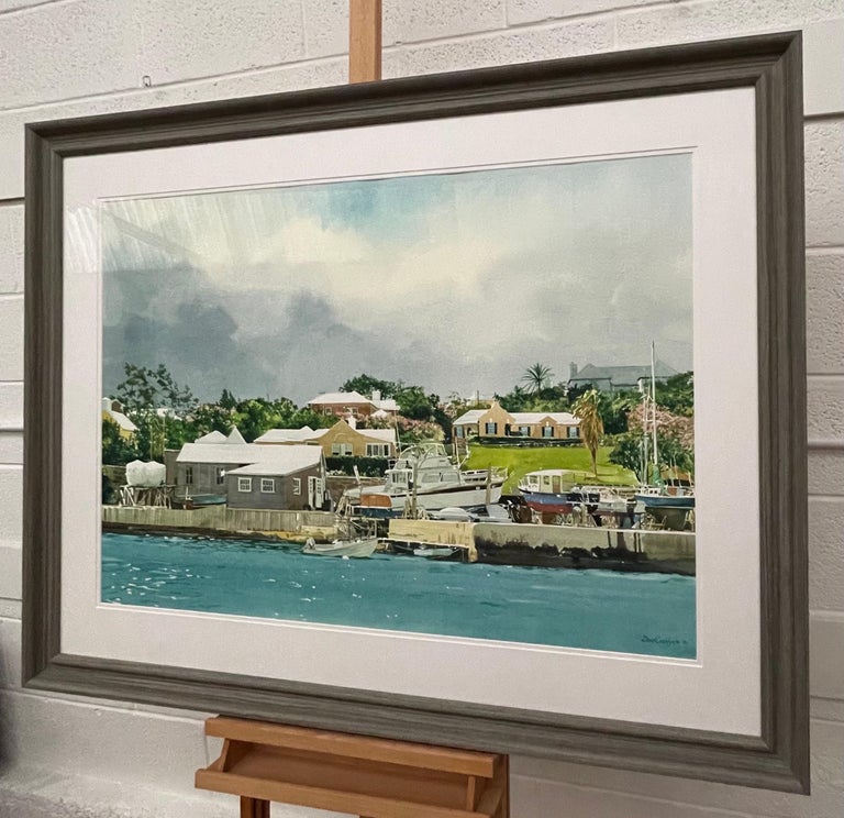 Large Watercolour of Pleasure Boats Moored on the River in Florida by USA Artist For Sale 1