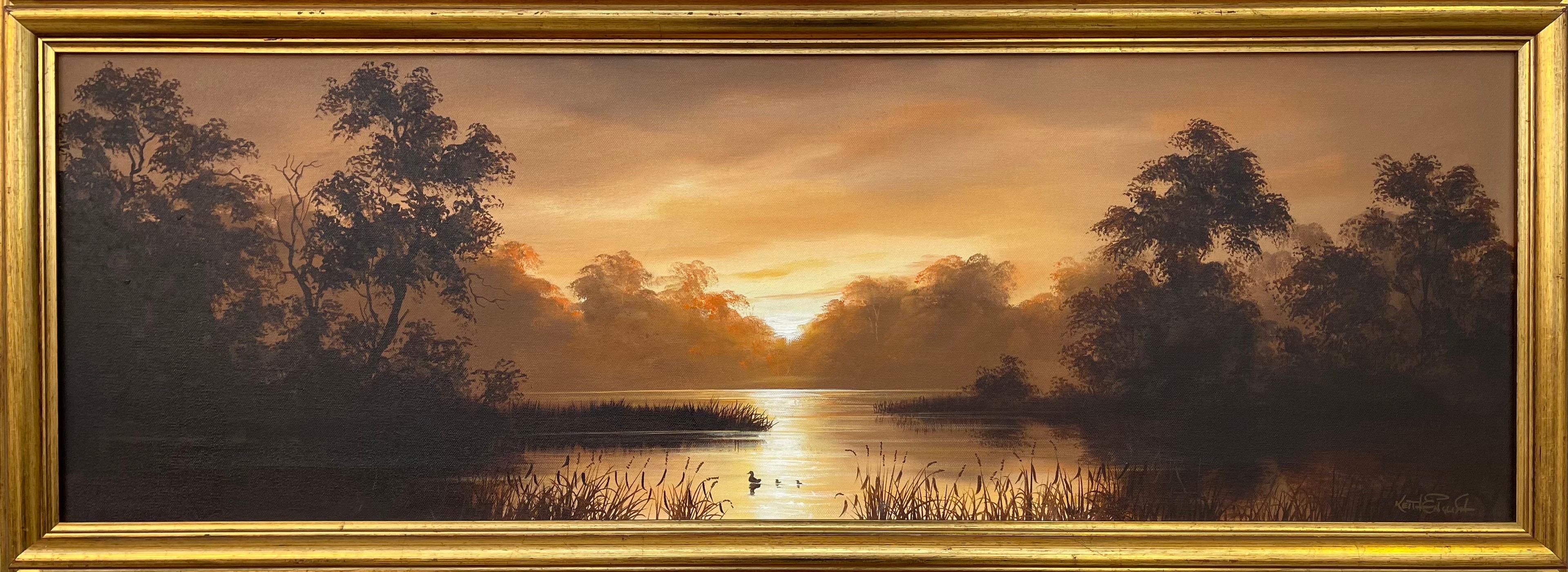 Keith English Landscape Painting - Oil Painting of River Sunset Landscape in Warm Brown Colours by British Artist