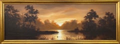 Oil Painting of River Sunset Landscape in Warm Brown Colours by British Artist