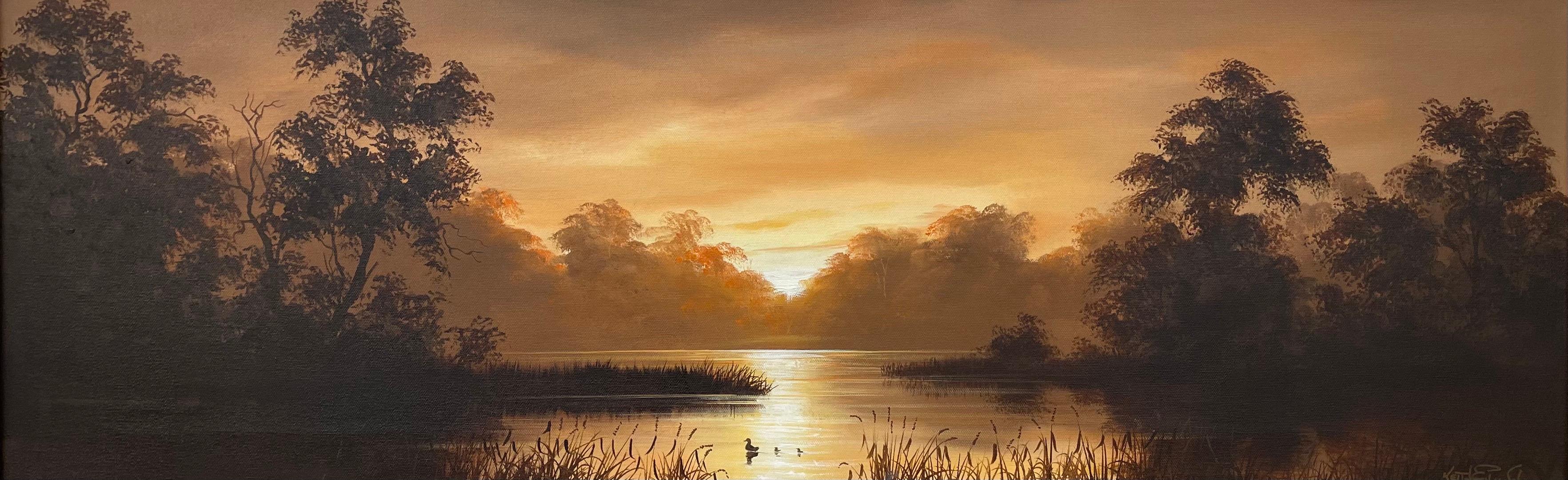 Oil Painting of River Sunset Landscape in Warm Brown Colours by British Artist 1