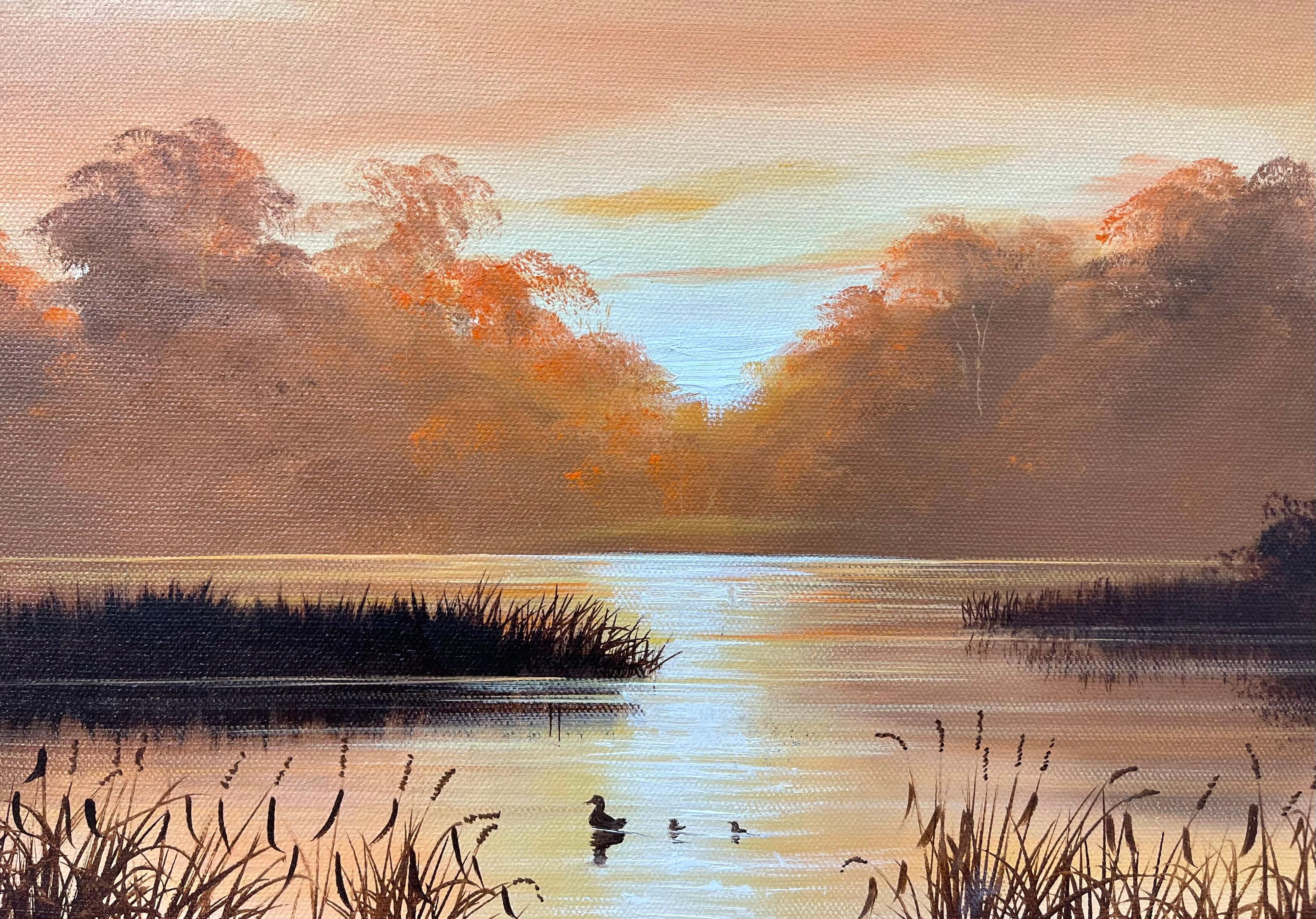 Oil Painting of River Sunset Landscape in Warm Brown Colours by British Artist 6