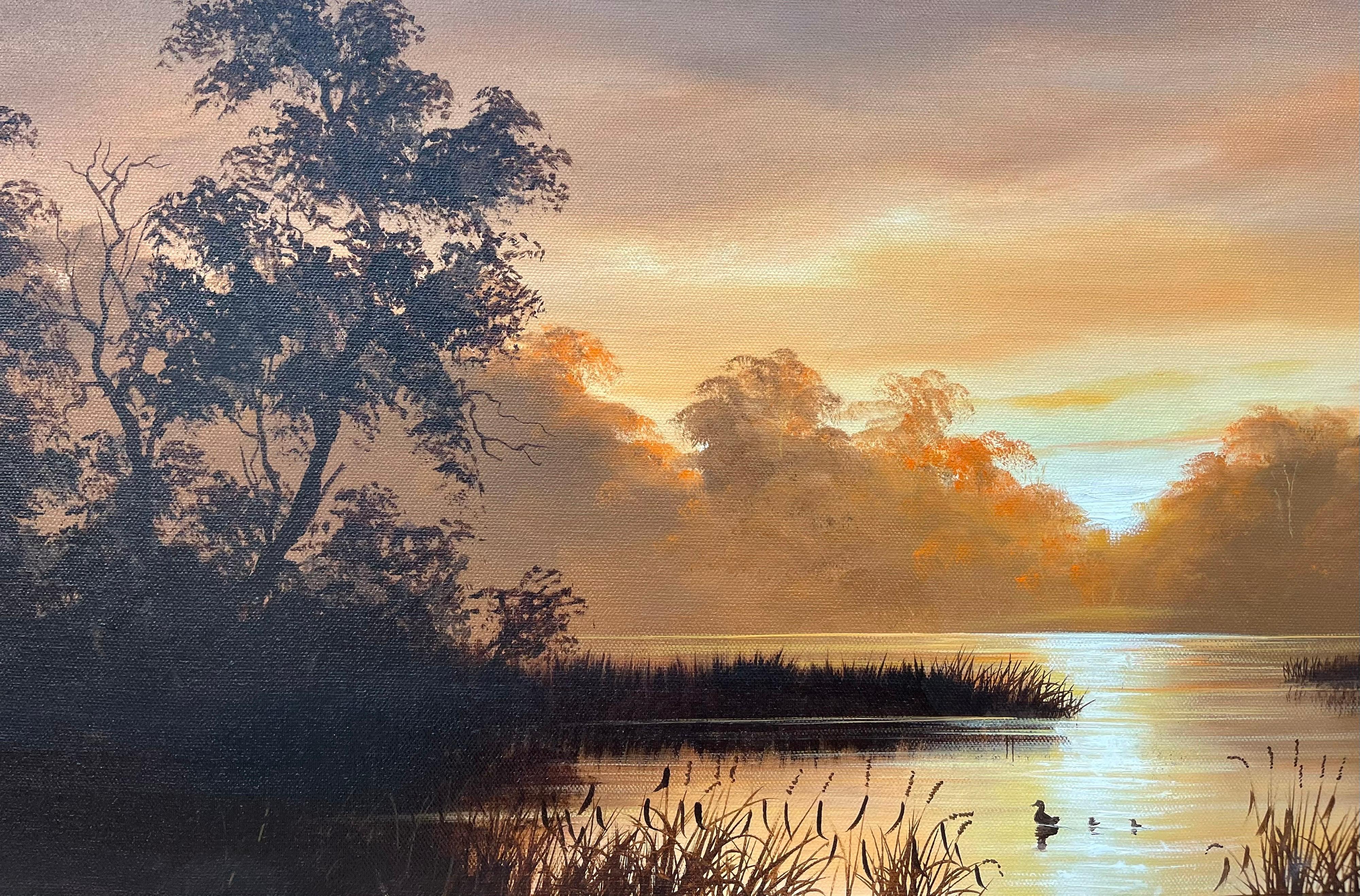 Oil Painting of River Sunset Landscape in Warm Brown Colours by British Artist 8