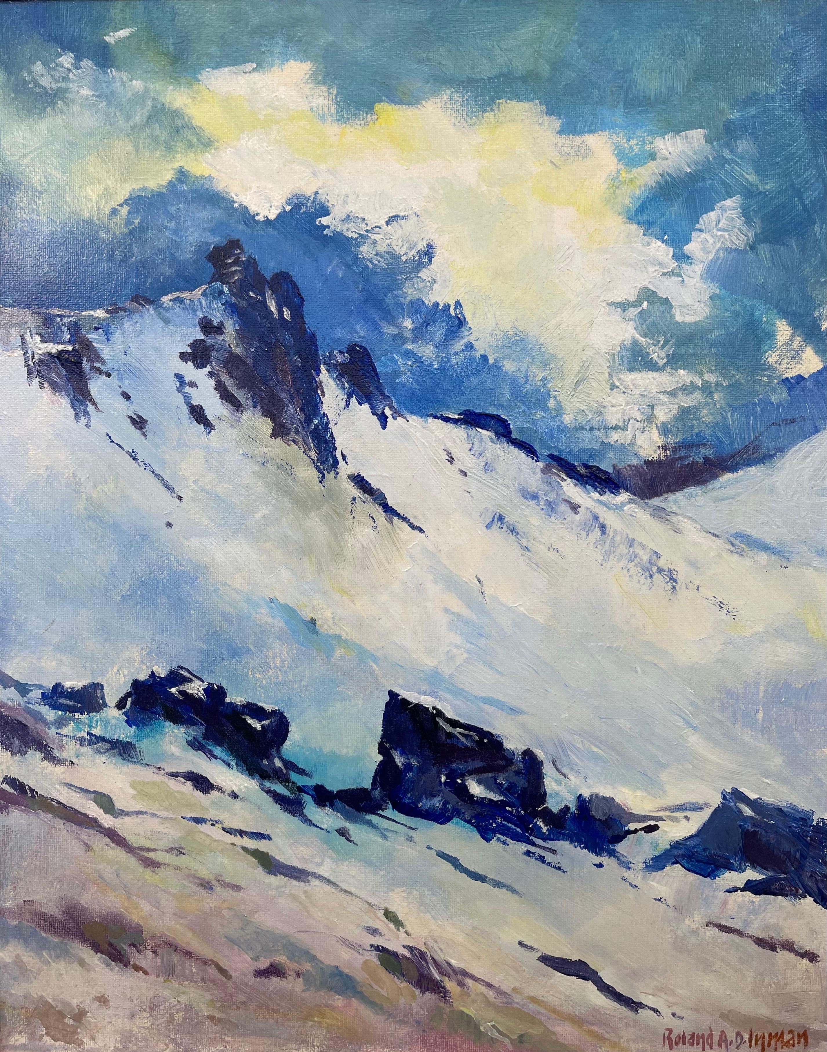 Blue & White Oil Painting of the Mourne Mountains Ireland by Modern Irish Artist - Gray Figurative Painting by Roland A.D. Inman