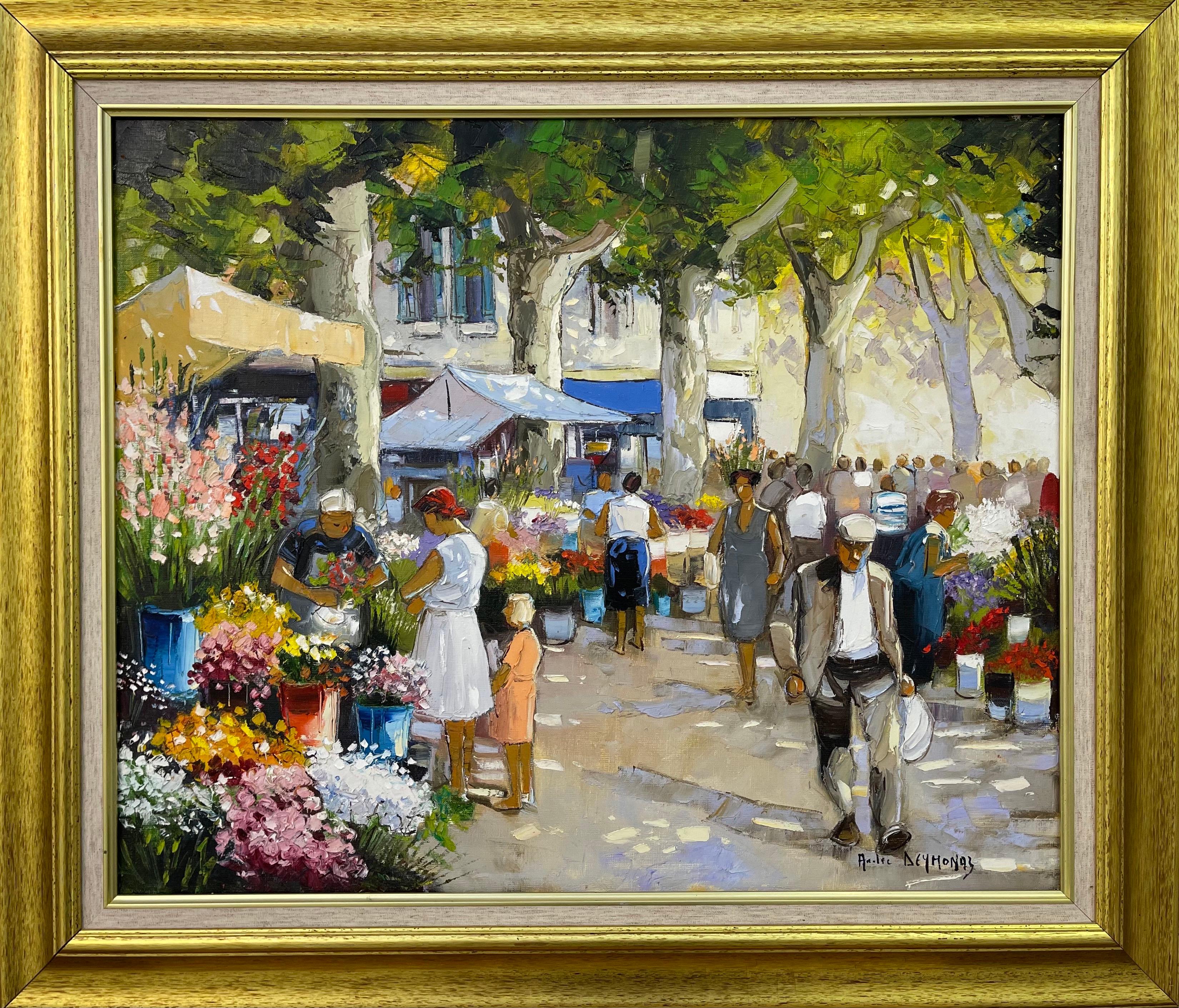 Figurative Painting André Deymonaz - Peinture à l'huile originale d'un marché aux fleurs de Provence par un artiste impressionniste français