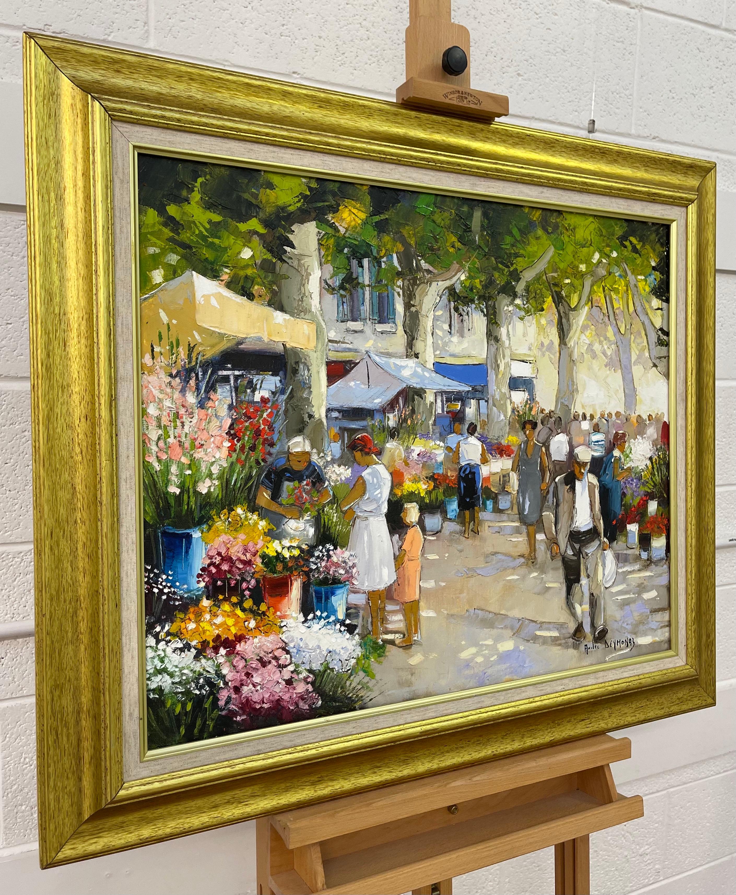 Peinture à l'huile originale d'un marché aux fleurs de Provence par un artiste impressionniste français - Painting de André Deymonaz