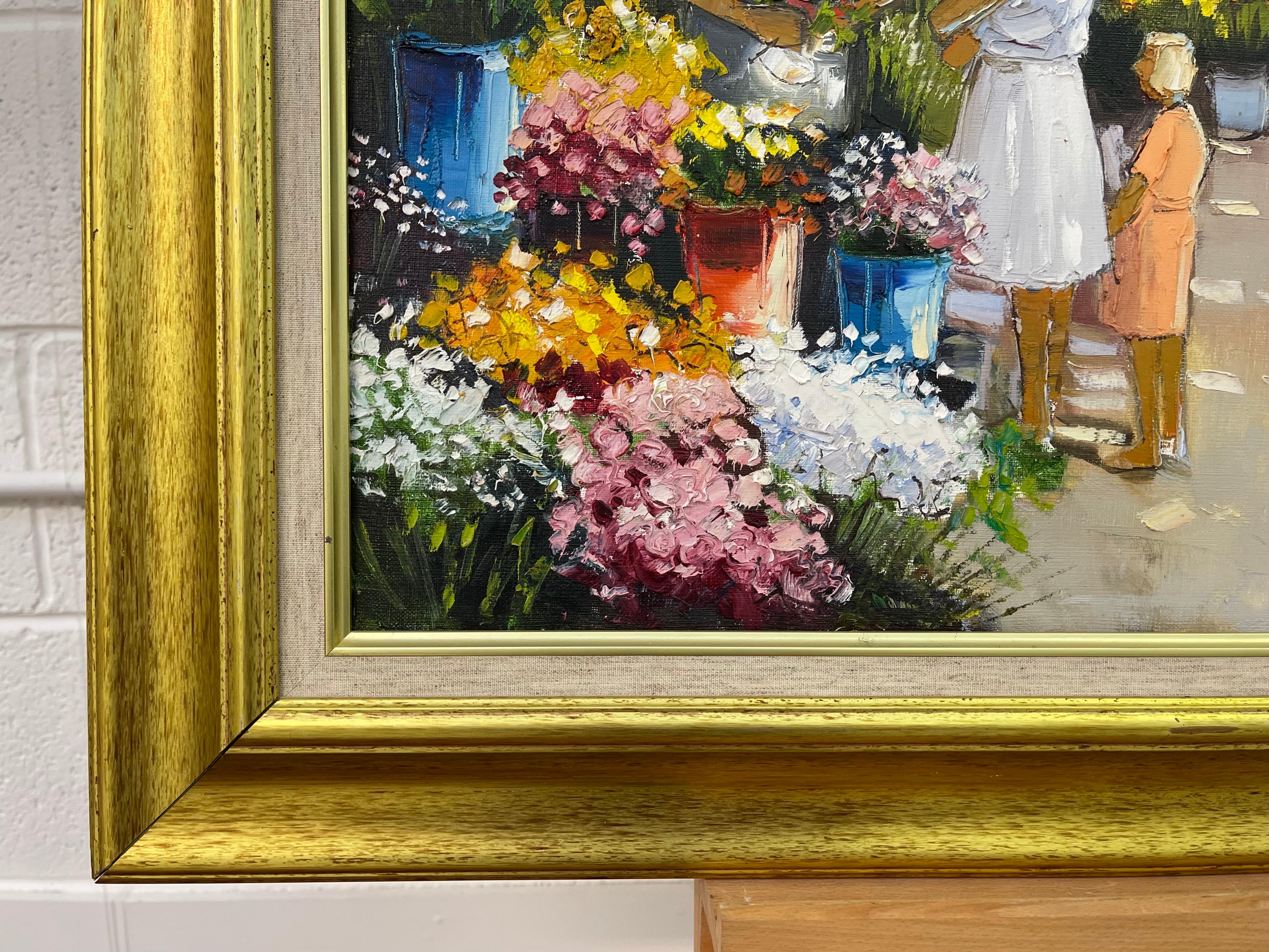 Peinture à l'huile originale d'un marché aux fleurs de Provence par un artiste impressionniste français - Impressionnisme Painting par André Deymonaz