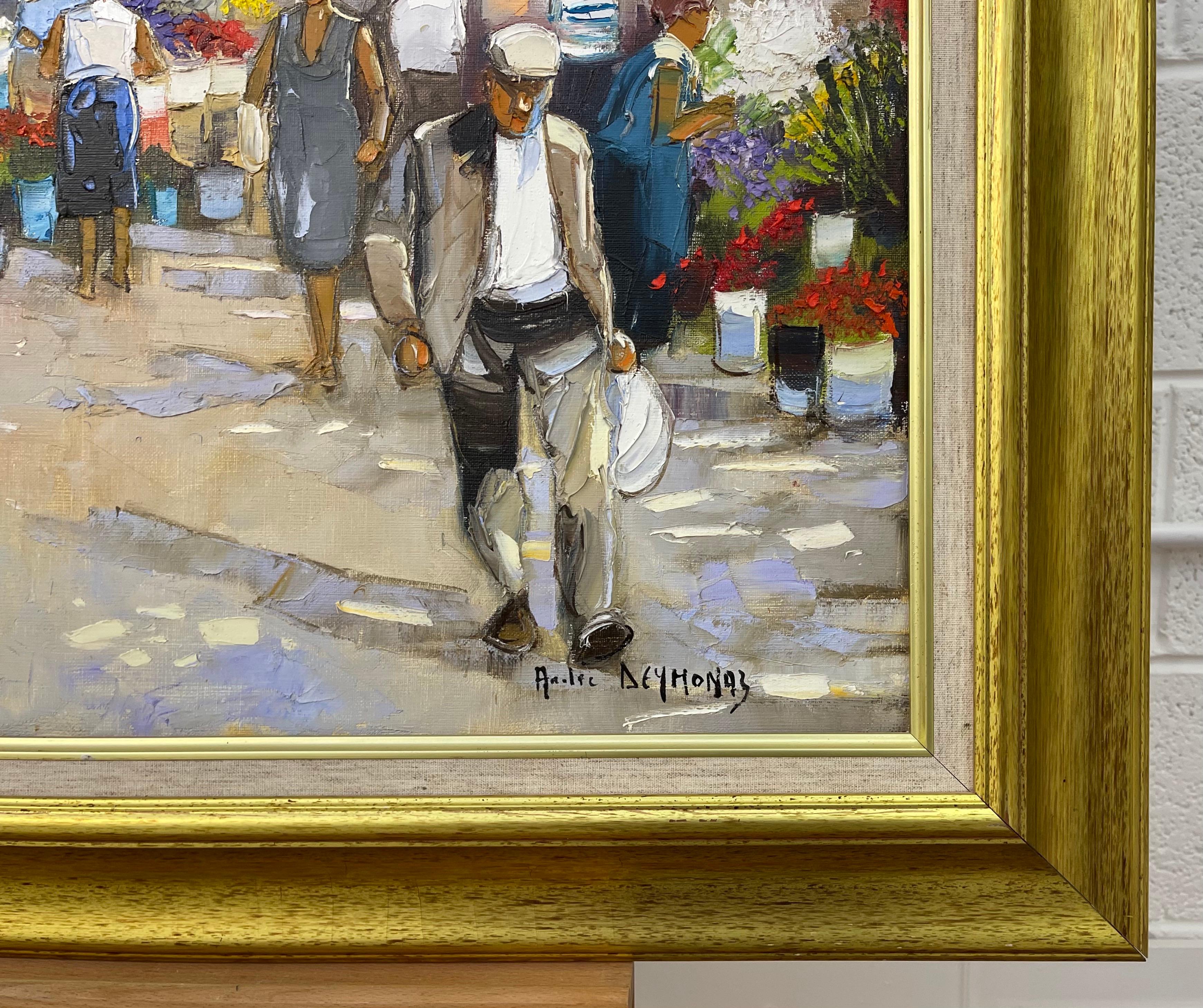 Peinture à l'huile originale d'un marché aux fleurs de Provence par un artiste impressionniste français - Marron Figurative Painting par André Deymonaz