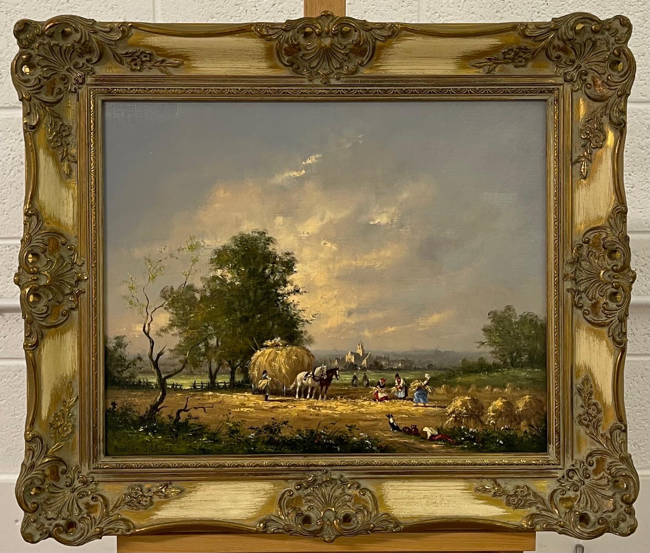 Oil Painting of Country Harvest Scene with Horses & Figures by British Artist For Sale 3