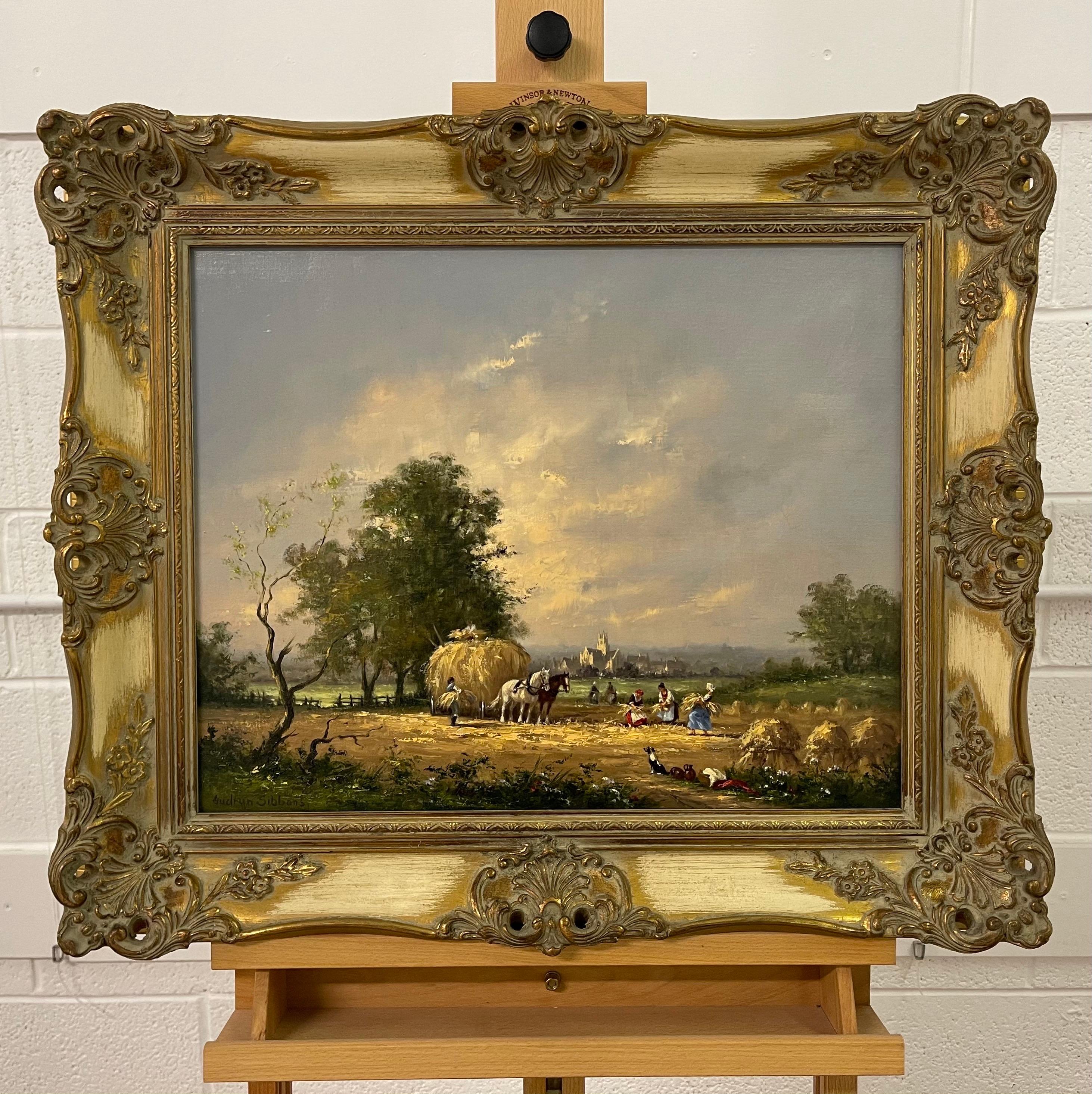 Ölgemälde einer ländlichen Ernteszene mit Pferden und Figuren des britischen Künstlers (Realismus), Painting, von Gudrun Sibbons