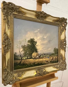 Oil Painting of Country Harvest Scene with Horses & Figures by British Artist