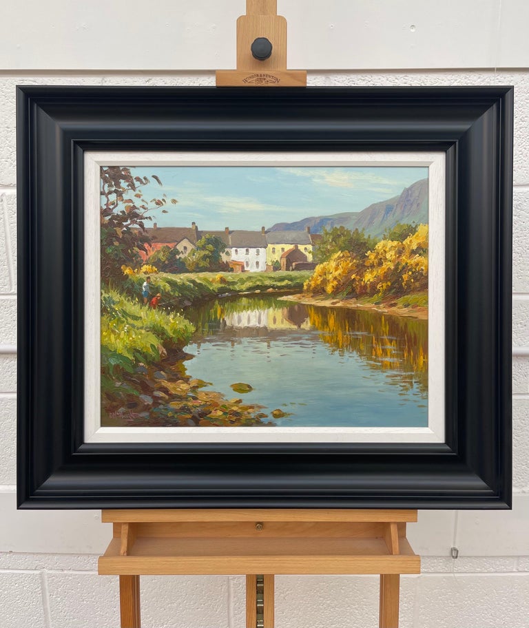 Fly Fishing River Scene in Coastal Village Ireland by Contemporary Irish Artist - Land Painting by Donal McNaughton