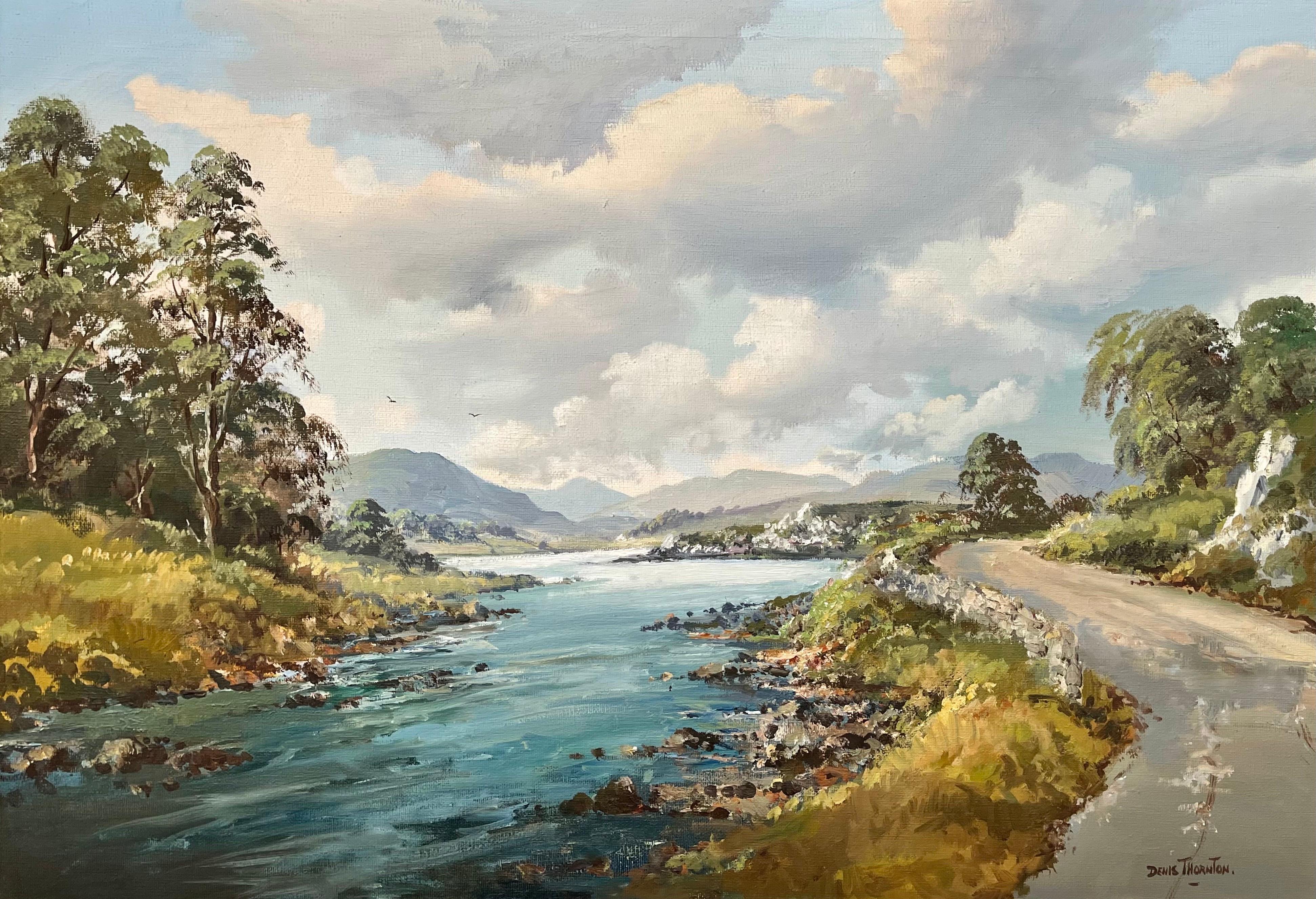 Original Post-War Oil Painting of Road by the Lough in Ireland by Irish Artist - Brown Landscape Painting by Denis Thornton