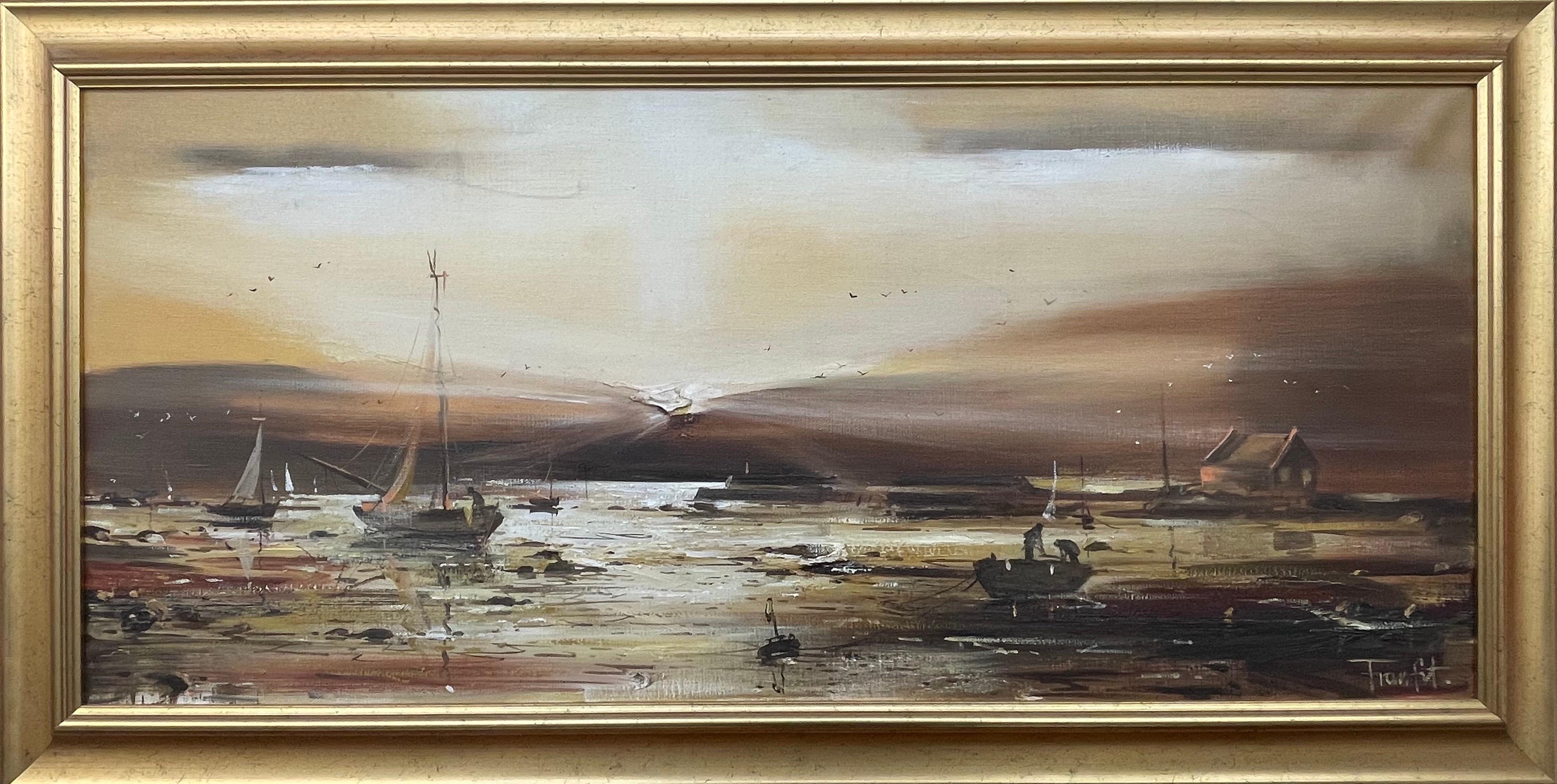 Paisaje marino dorado de Irlanda al atardecer por un artista irlandés contemporáneo