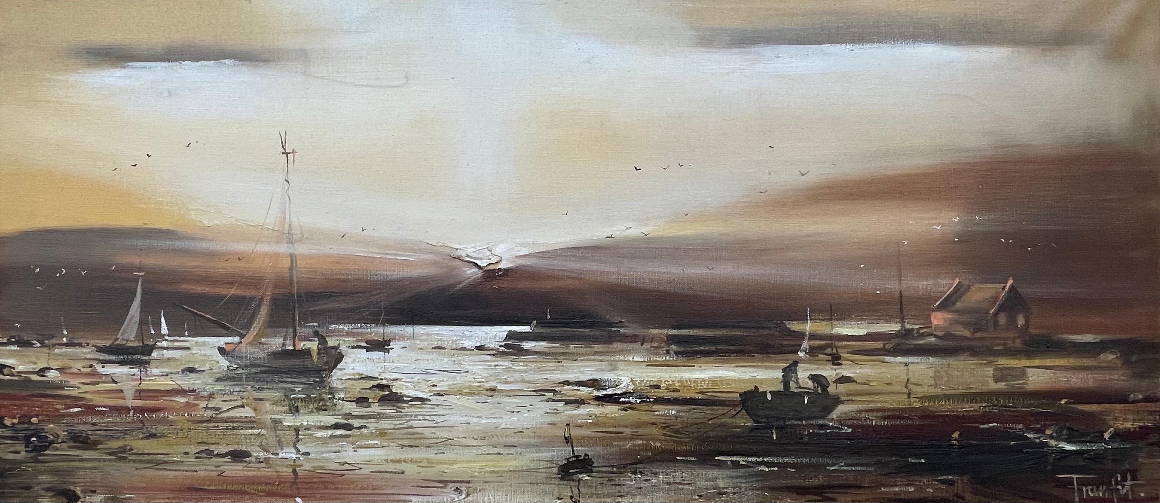 Golden Brown Ireland Seascape Landscape at Dusk by Contemporary Irish Artist, Frank Fitzsimons 

Art measures 36 x 16 inches
Frame measure 41 x 21 inches 

Frank Fitzsimons was born in Antrim but grew up in Bangor, Co Down in the 1930’s. Fitzsimons