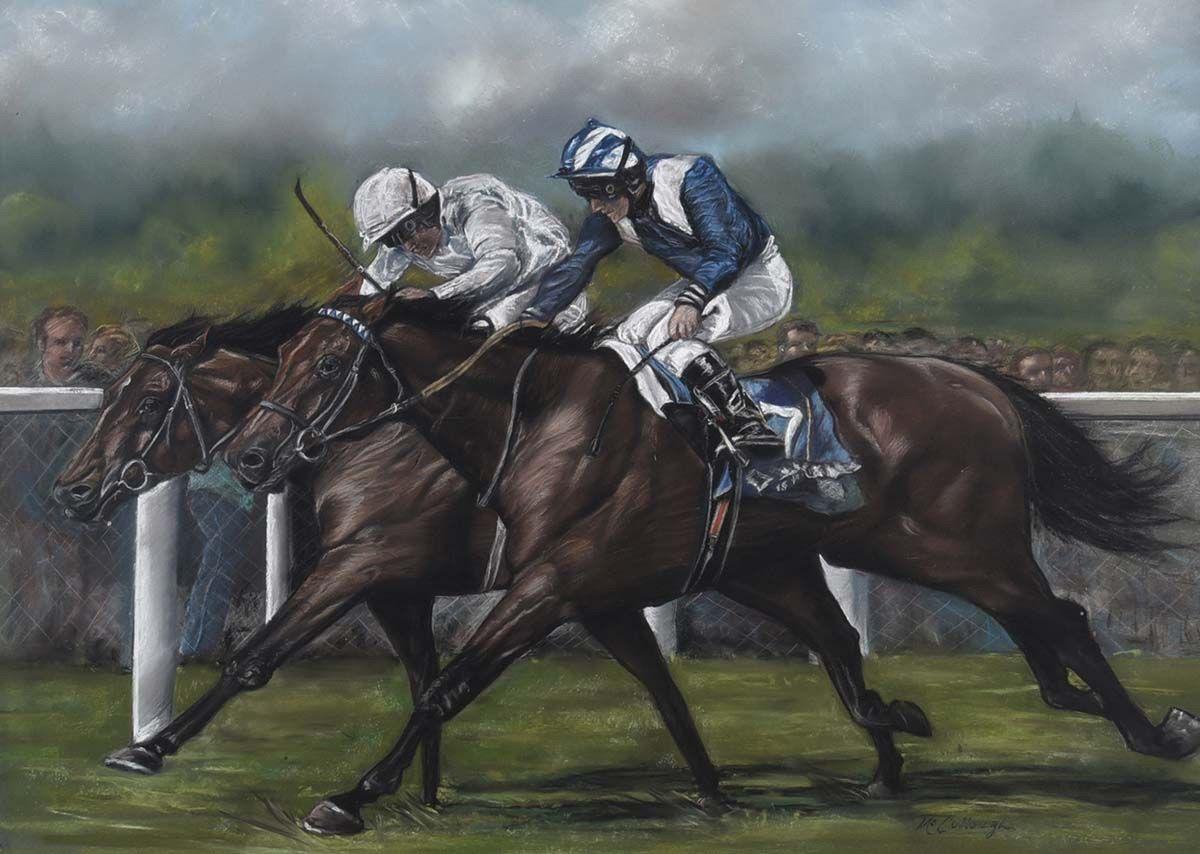 Original Pastel Drawing of Horse Race at Royal Ascot 2002 with Golan & Nayef - Art by Bill McCullough