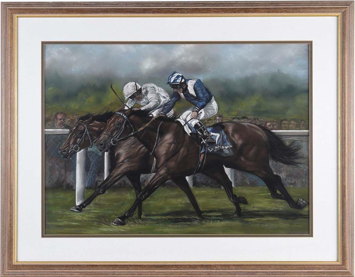Bill McCullough Figurative Art - Original Pastel Drawing of Horse Race at Royal Ascot 2002 with Golan & Nayef