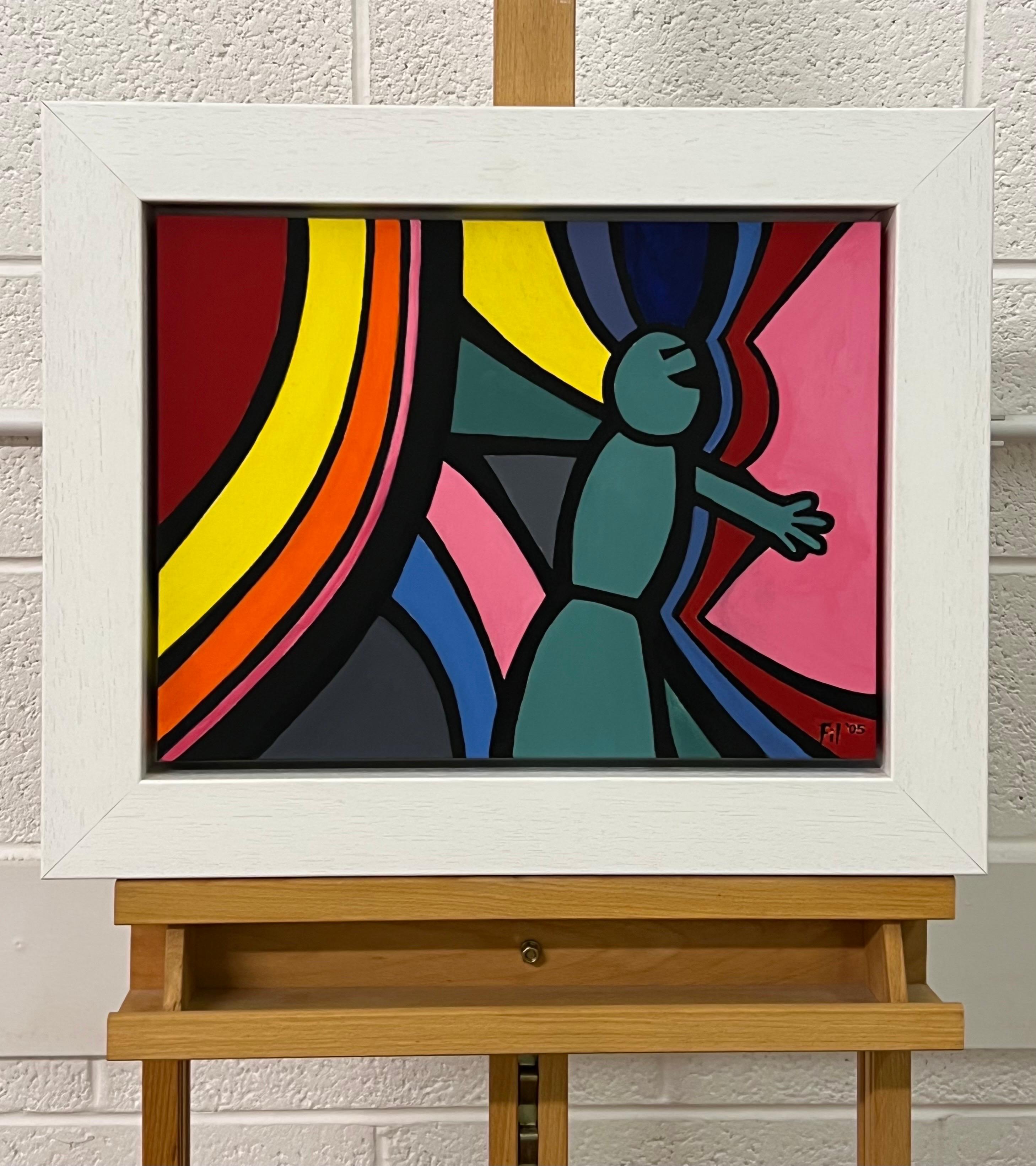 Contemporary Surreal Cartoon Pen & Ink Drawing on Canvas entitled 'Green Man' by Contemporary British Artist. A rainbow of colours emerges from the earth, as man reaches forward. Symbolic visionary art from creative drawings, meditations &