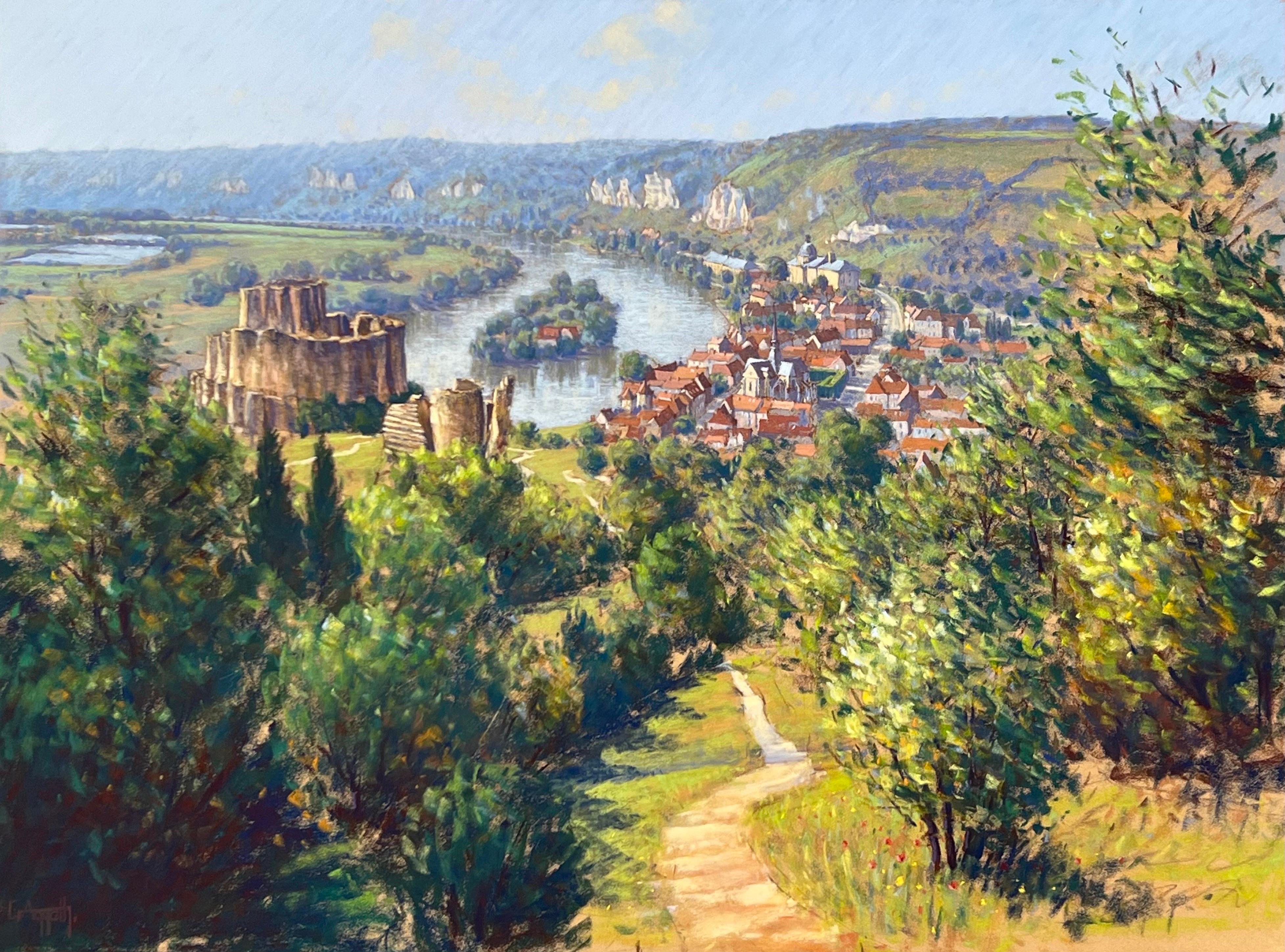 Les Andelys nella valle della Senna Francia Pastello d'artista britannico del XX secolo - Art di Lionel Aggett