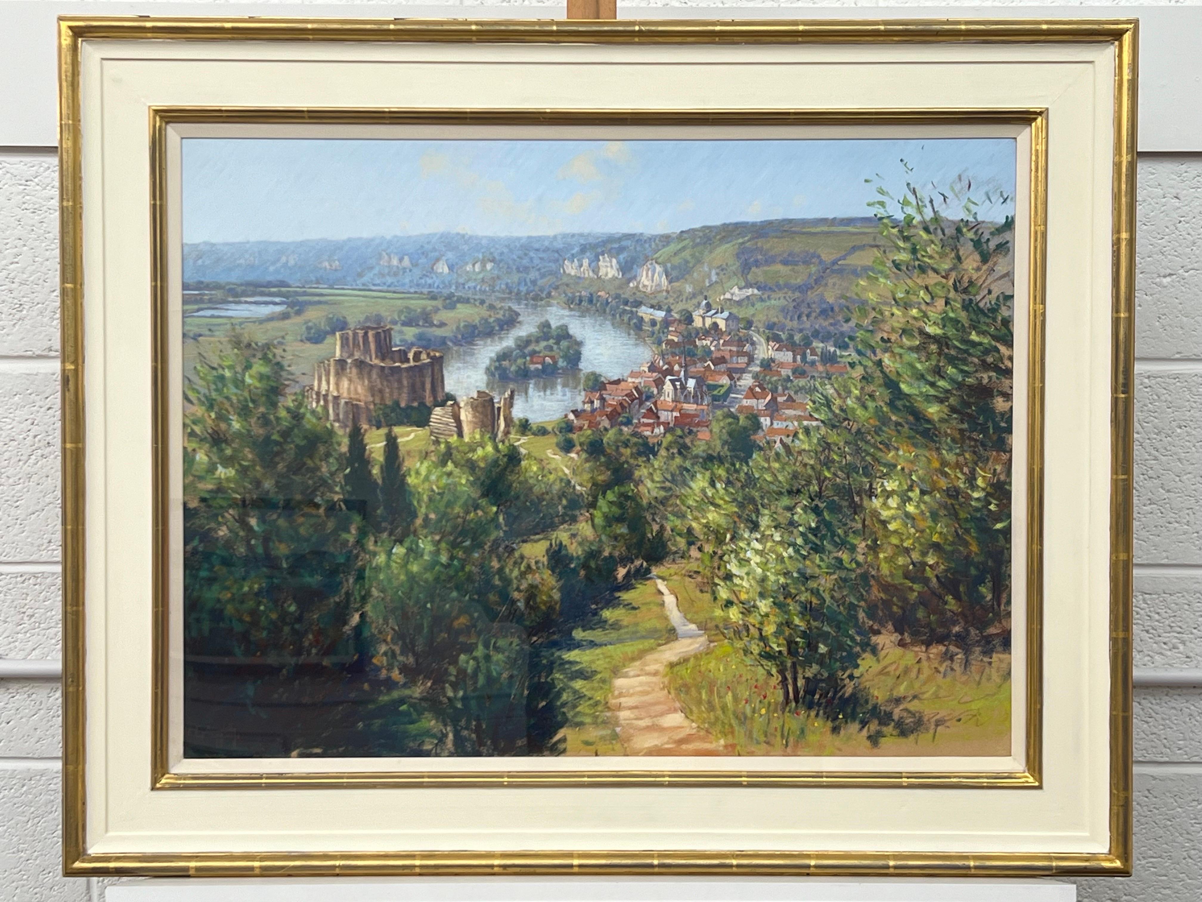 Les Andelys in the Seine Valley France Landscape Pastel Art. A fine example of the beautiful work of British 20th Century Artist, Lionel Aggett (1938-2009). Signed front and rear, framed behind an acrylic sheet, presented in a high quality gold and
