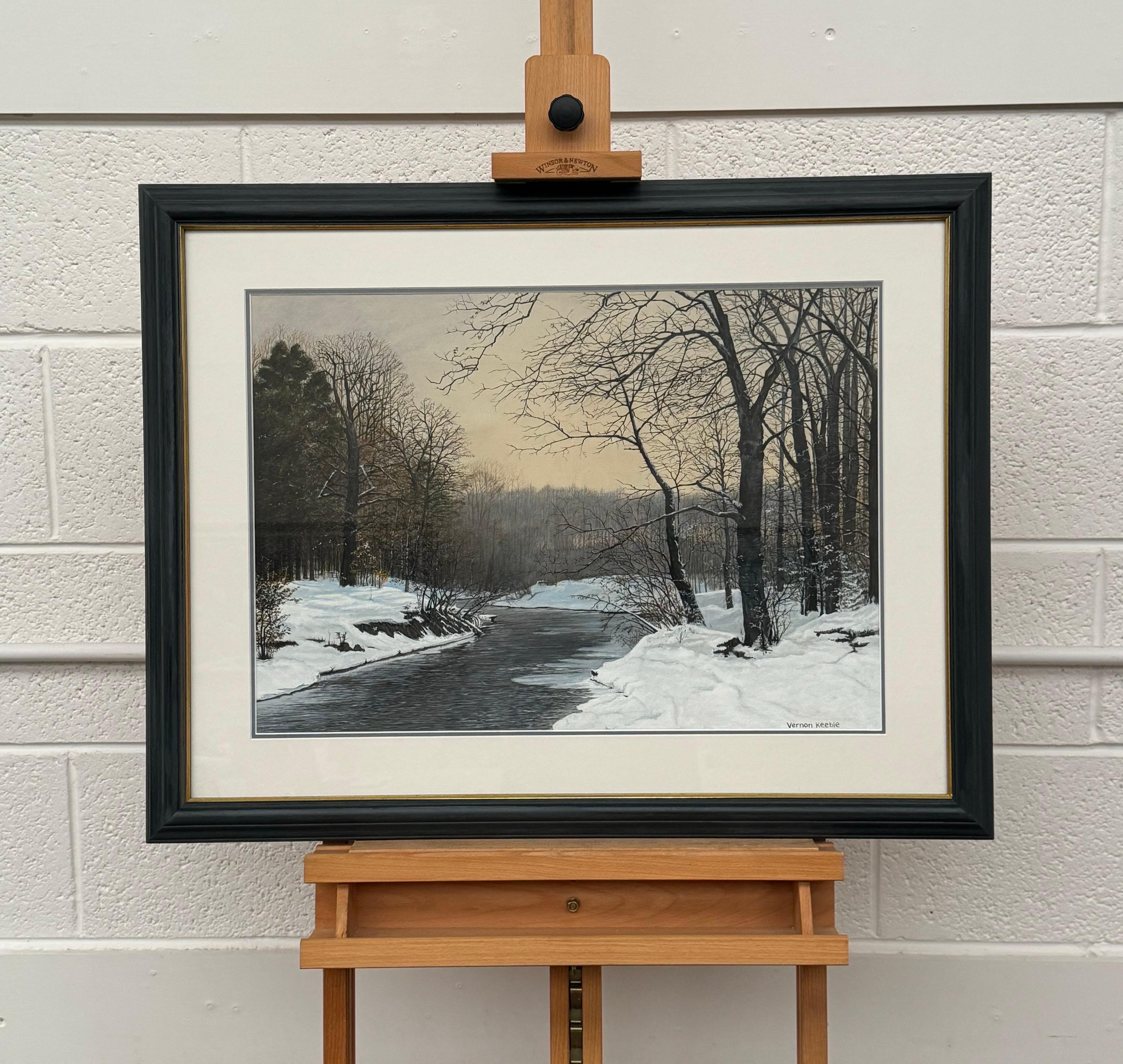 A tranquil snowy winter river scene with bare trees and a warm, glowing sky - Realist Art by Vernon Keeble