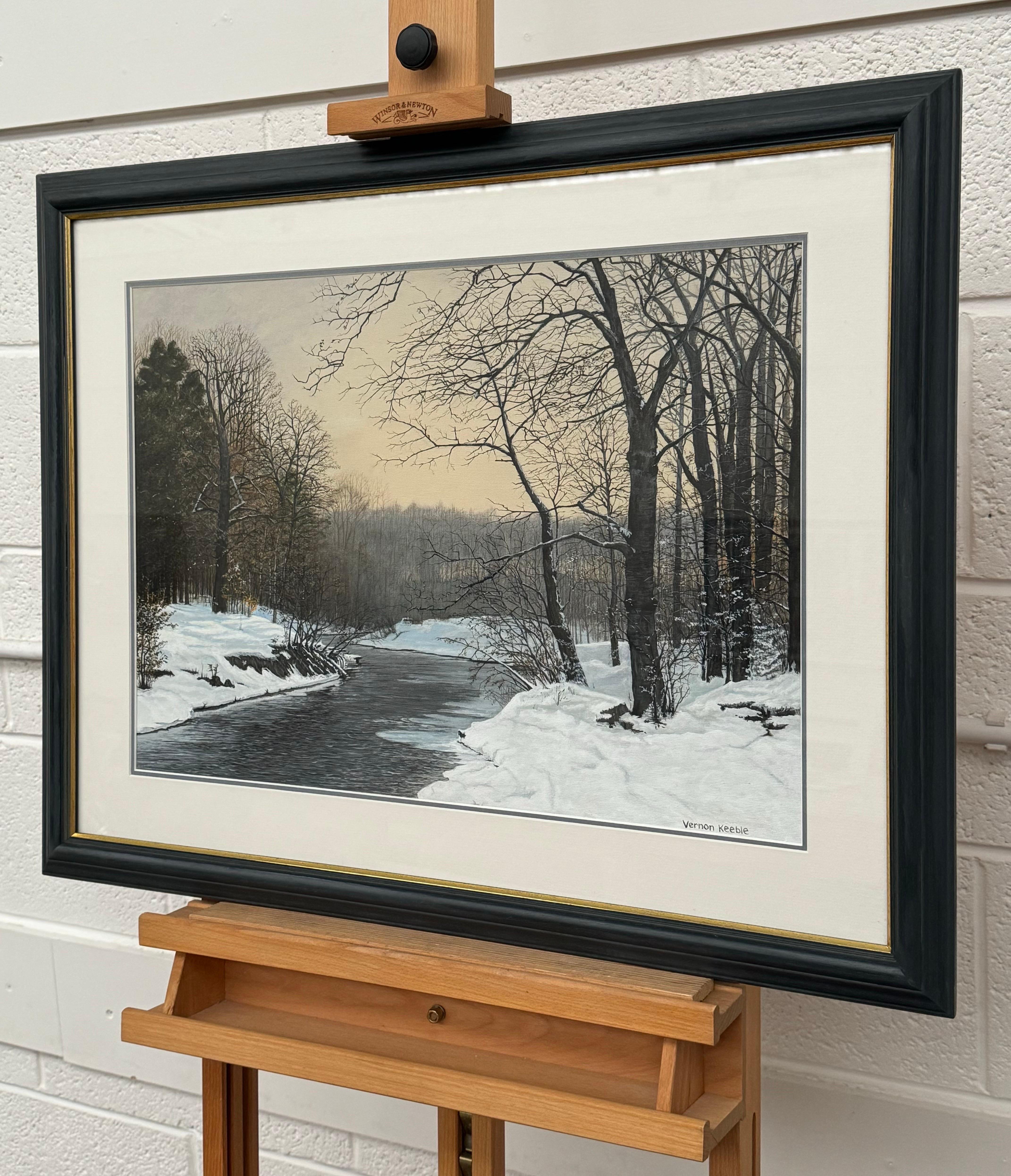 A tranquil snowy winter river scene with bare trees and a warm, glowing sky - Gray Landscape Art by Vernon Keeble