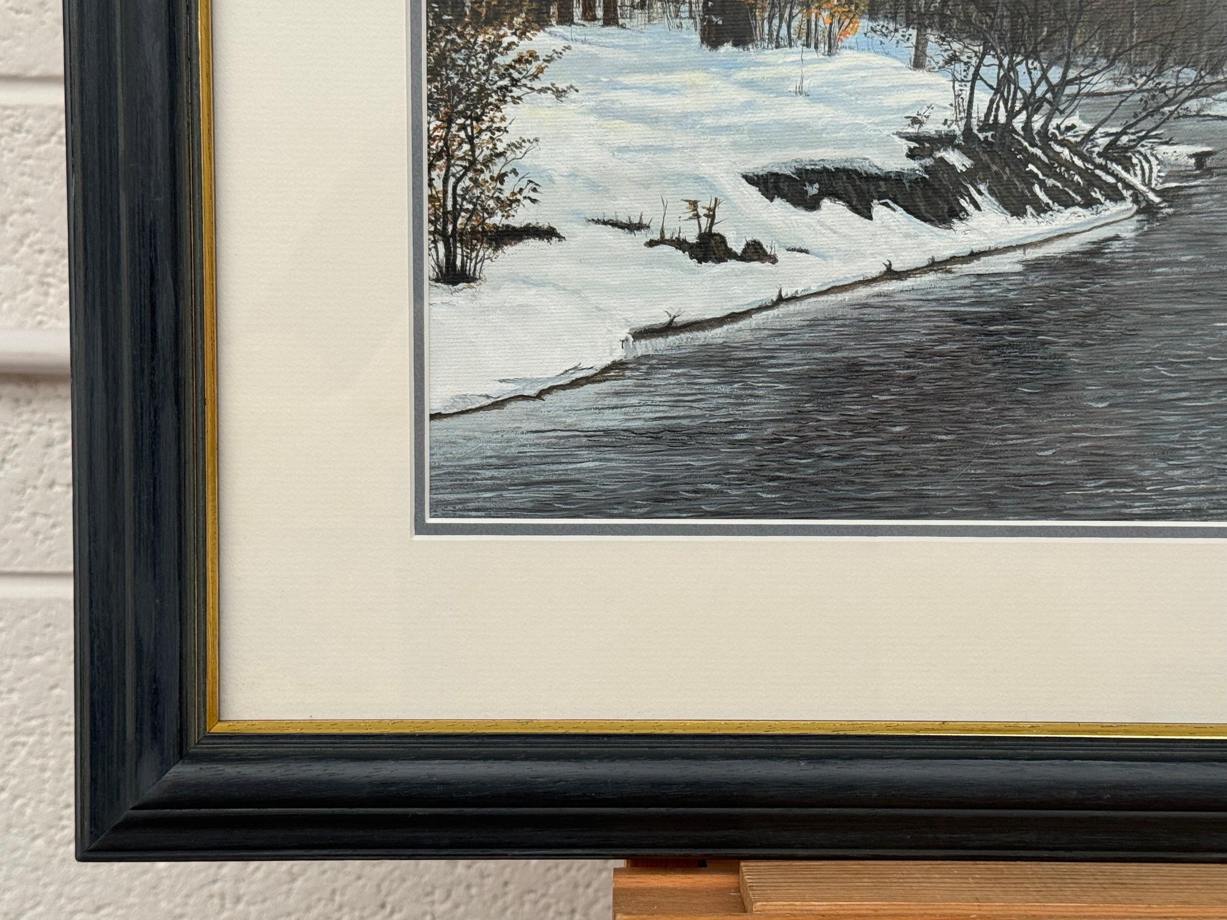 A tranquil snowy winter river scene with bare trees and a warm, glowing sky 1