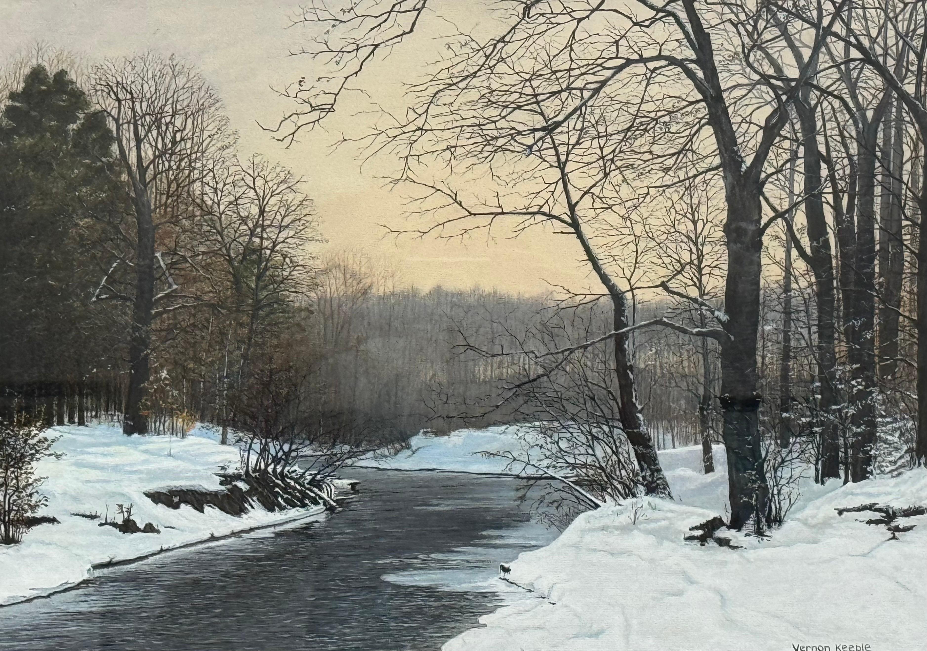 A tranquil snowy winter river scene with bare trees and a warm, glowing sky 8