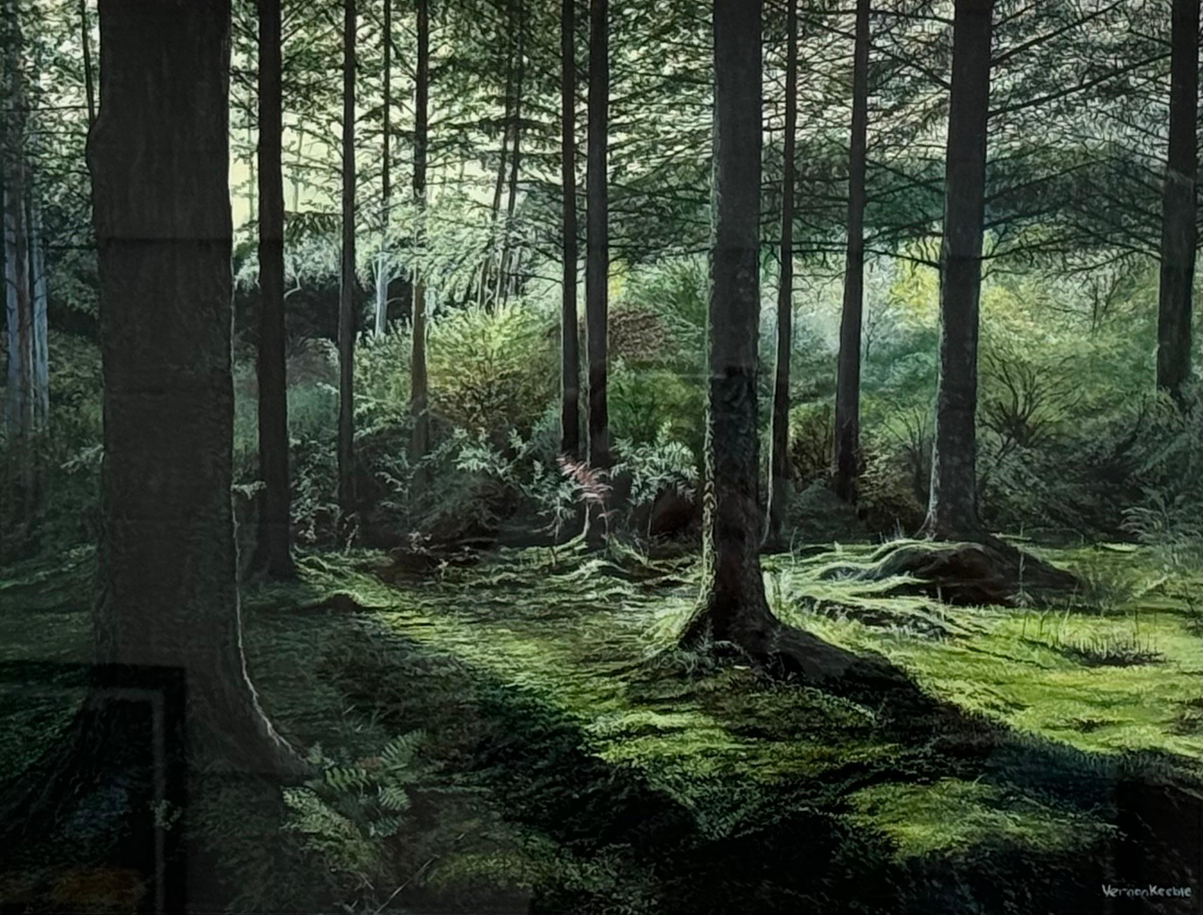 Ein friedlicher Wald, in dem das Sonnenlicht durch die hohen Bäume auf den moosbewachsenen Boden fällt. Ein signiertes Unikat des britischen/australischen Künstlers Vernon Keeble (1951-2018) aus dem 20.

Kunst misst 25 x 19 Zoll
Rahmen misst 34 x 28