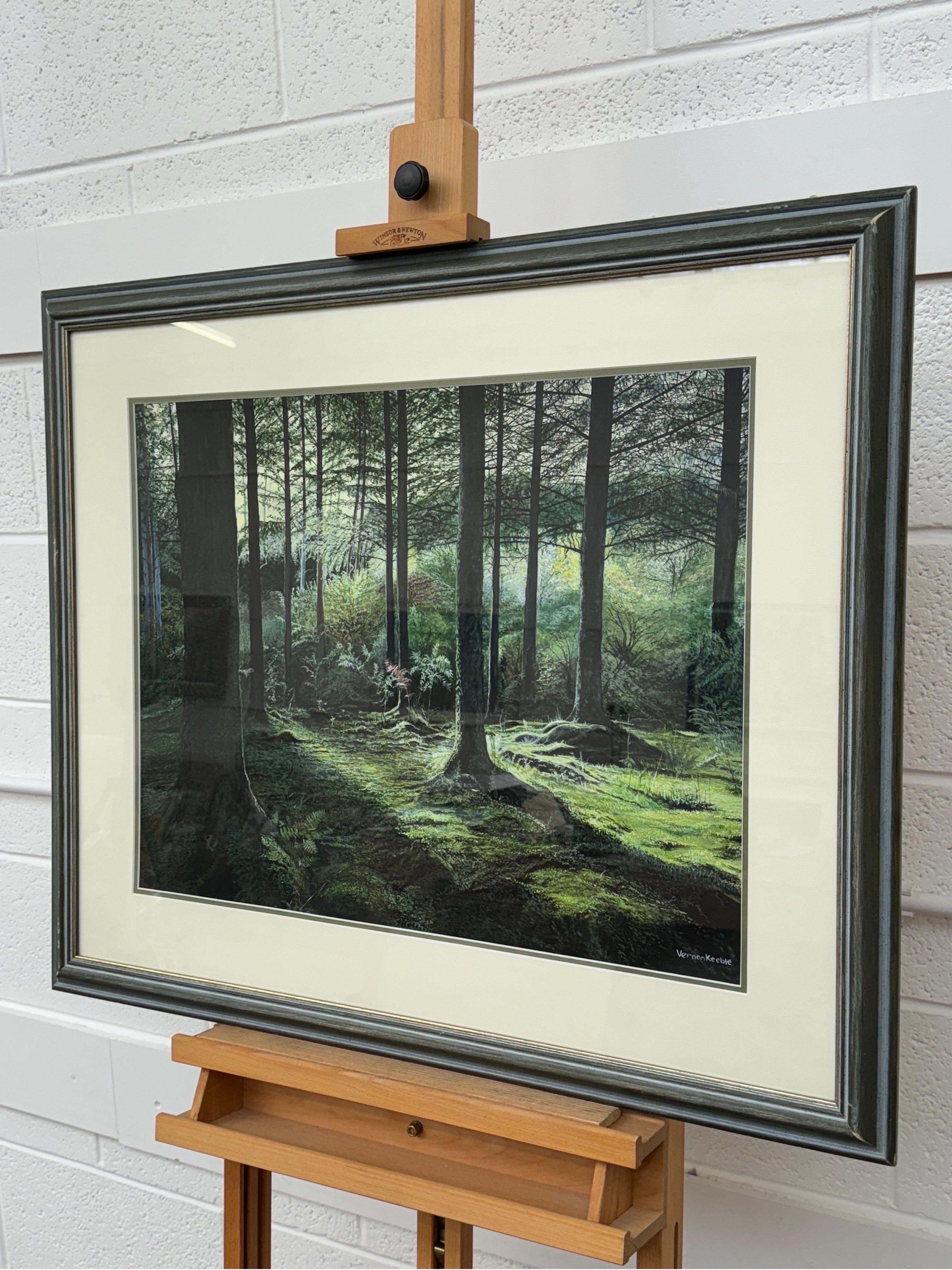 Ein friedlicher Wald mit Sonnenlicht, das von hohen Bäumen auf Moosgrund fällt (Schwarz), Landscape Painting, von Vernon Keeble