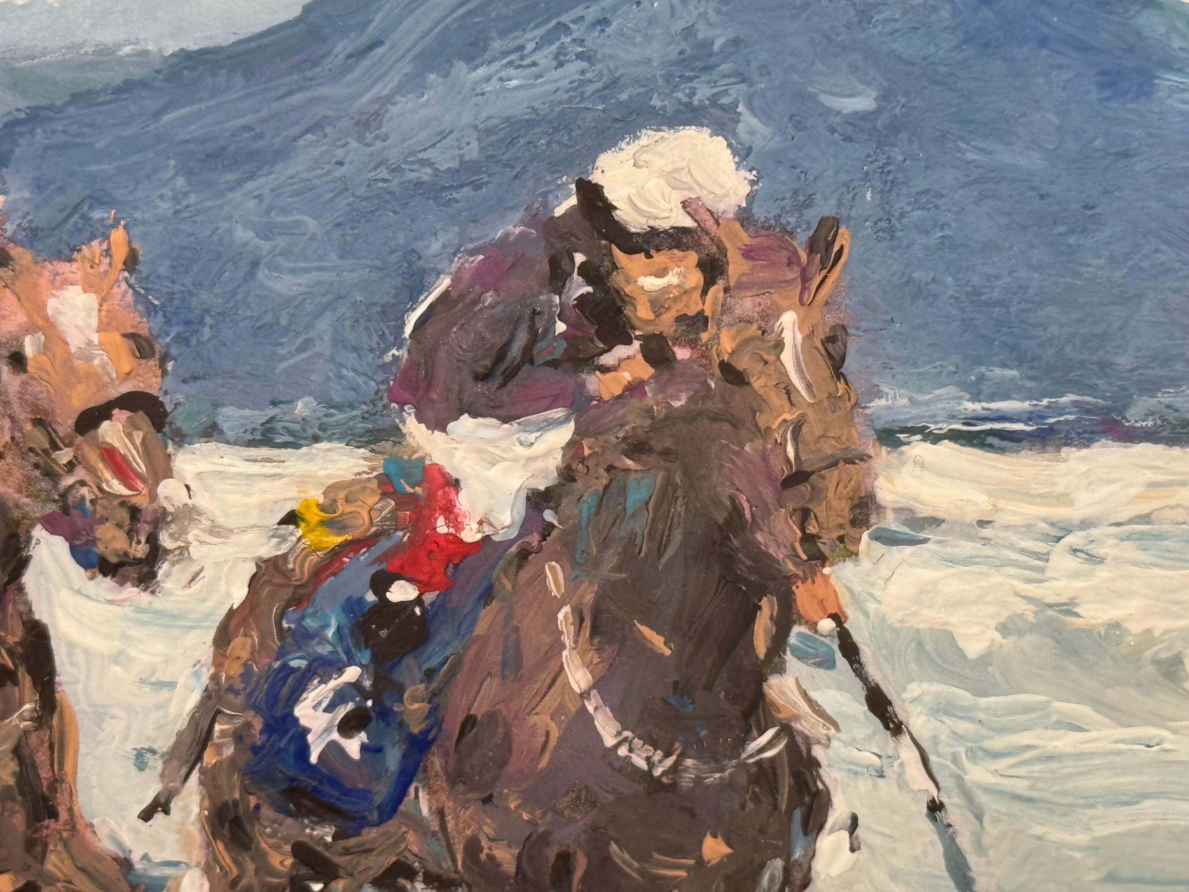 Pferderennen am Strand von Tramore in Südirland mit Bergen in der Ferne, ein Originalaquarell des irischen Künstlers Sean Lorinyenko.

Kunst misst 15 x 7 Zoll
Rahmen misst 18 x 10 Zoll

Signiert, Original Aquarell - Weißer Rahmen - hinter