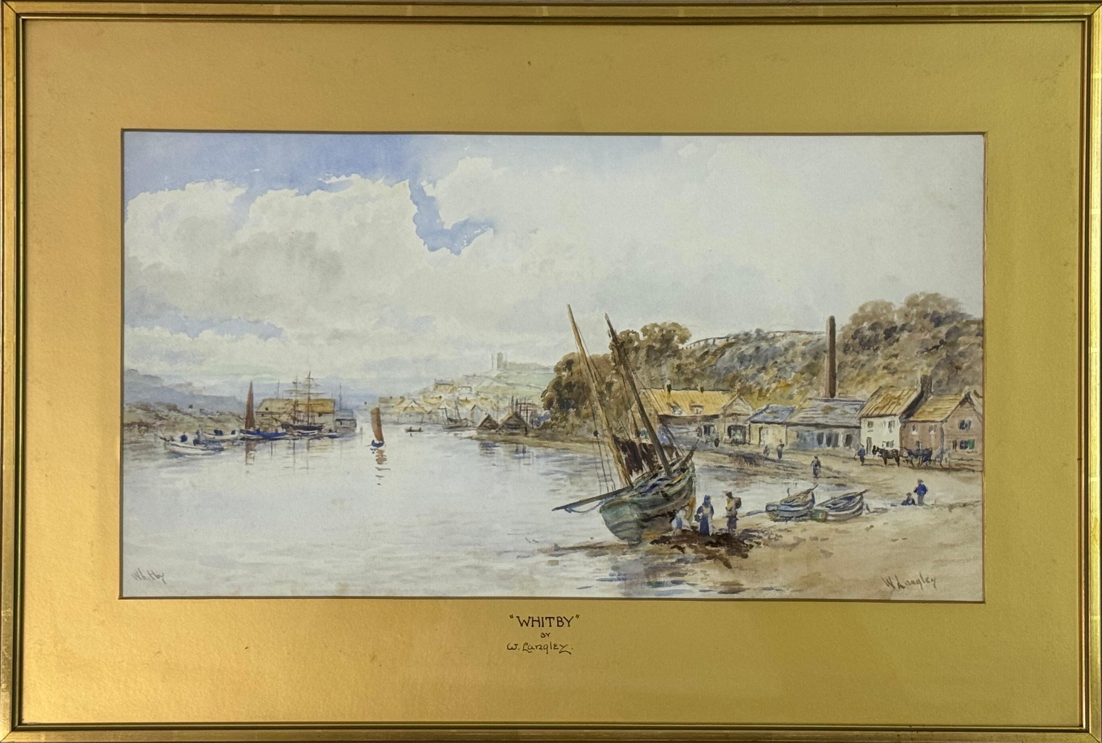 Landscape Art William Langley - Ancienne aquarelle victorienne du port de Whitby réalisée par un artiste britannique du XIXe siècle