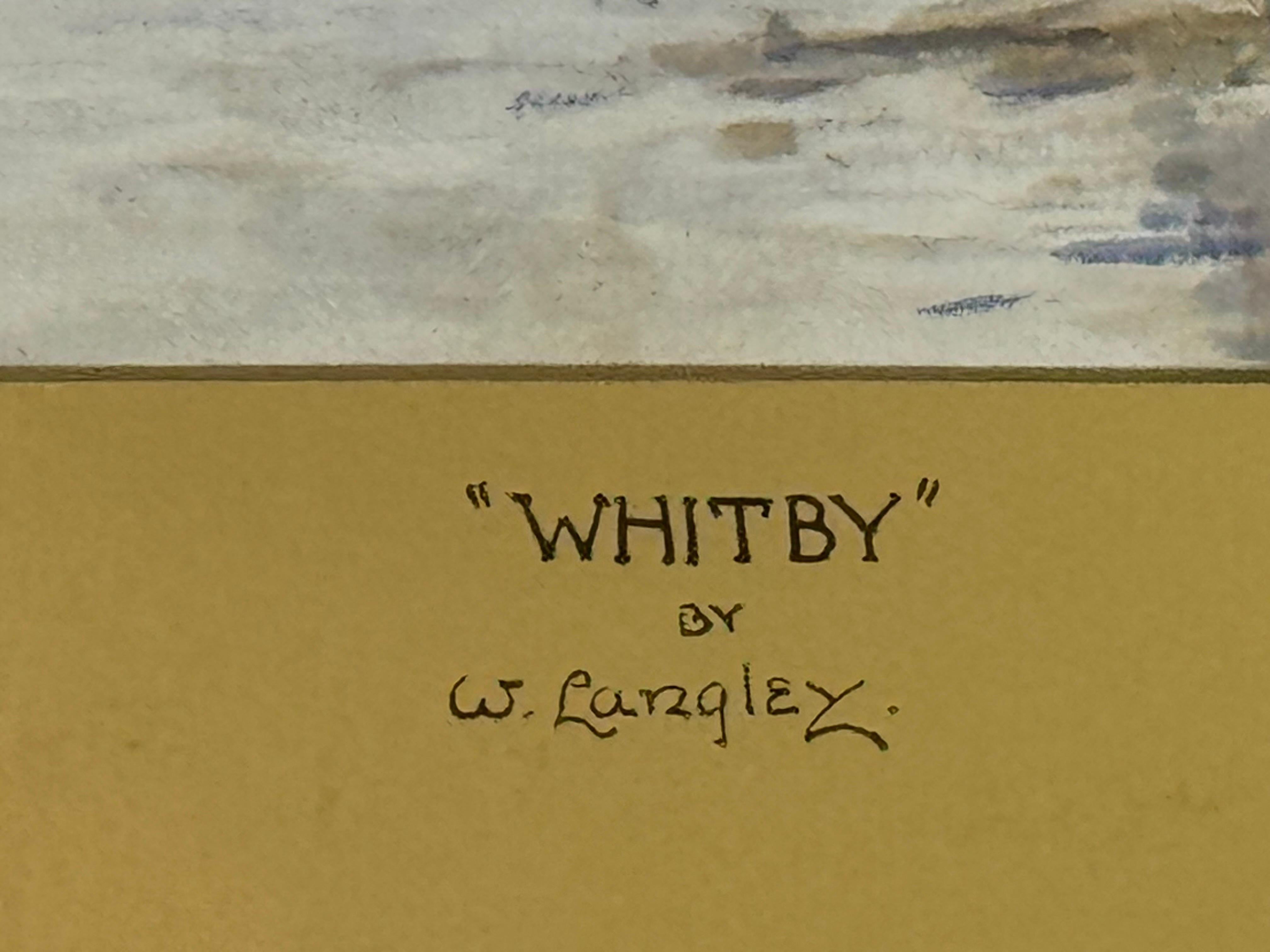 Ancienne aquarelle victorienne du port de Whitby réalisée par un artiste britannique du XIXe siècle - Marron Landscape Art par William Langley