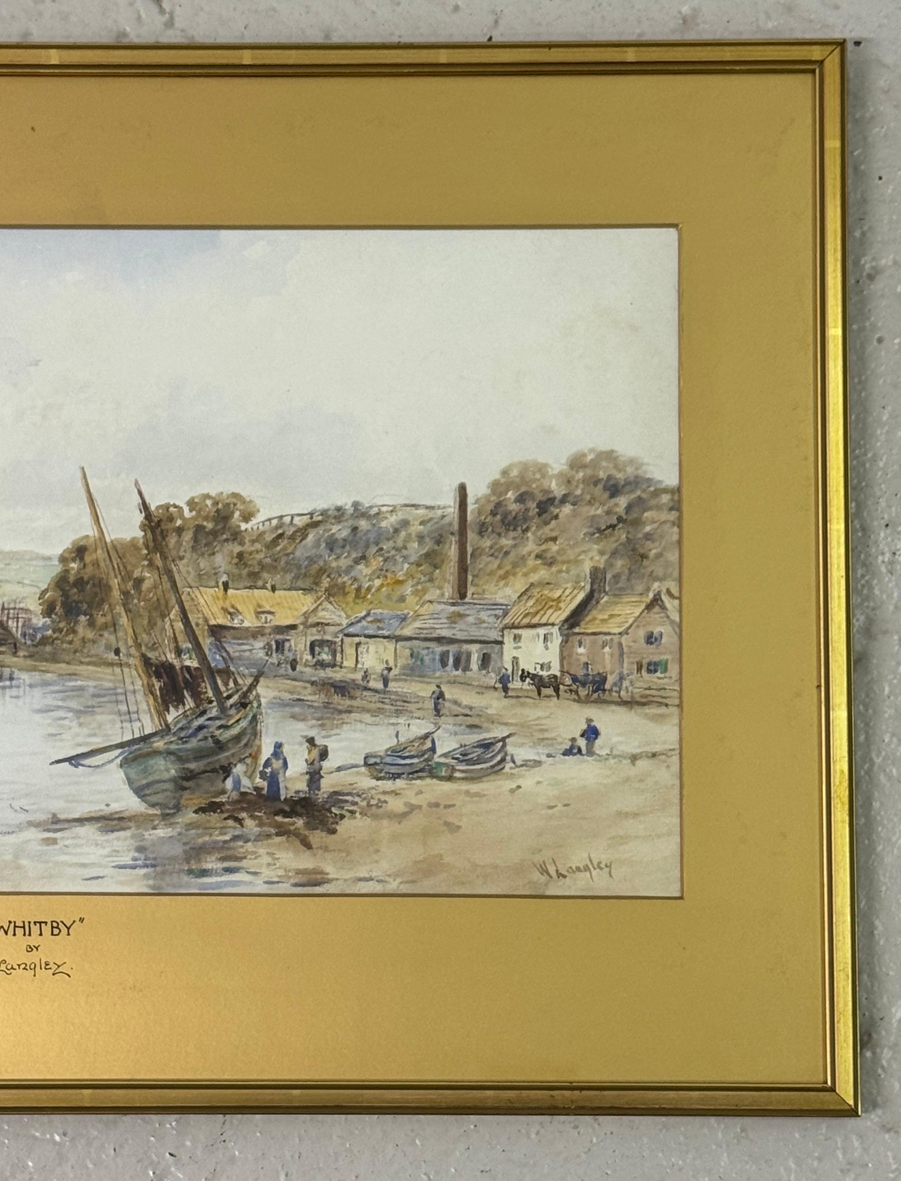 Ancienne aquarelle victorienne du port de Whitby réalisée par un artiste britannique du XIXe siècle - Victorien Art par William Langley