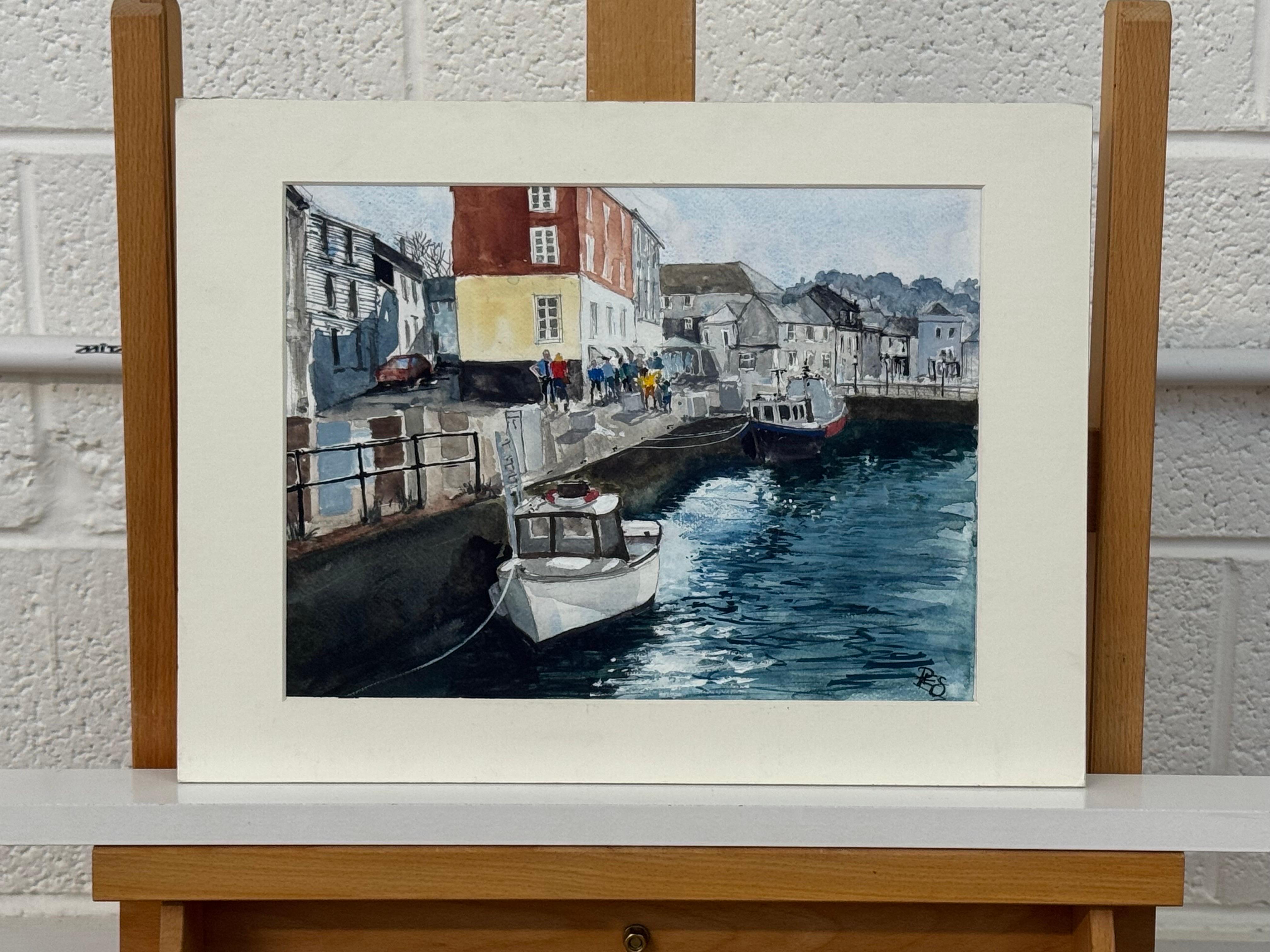 Aquarelle originale des quais de Padstow en Cornouailles dans le sud-ouest de l'Angleterre - École anglaise Art par PES