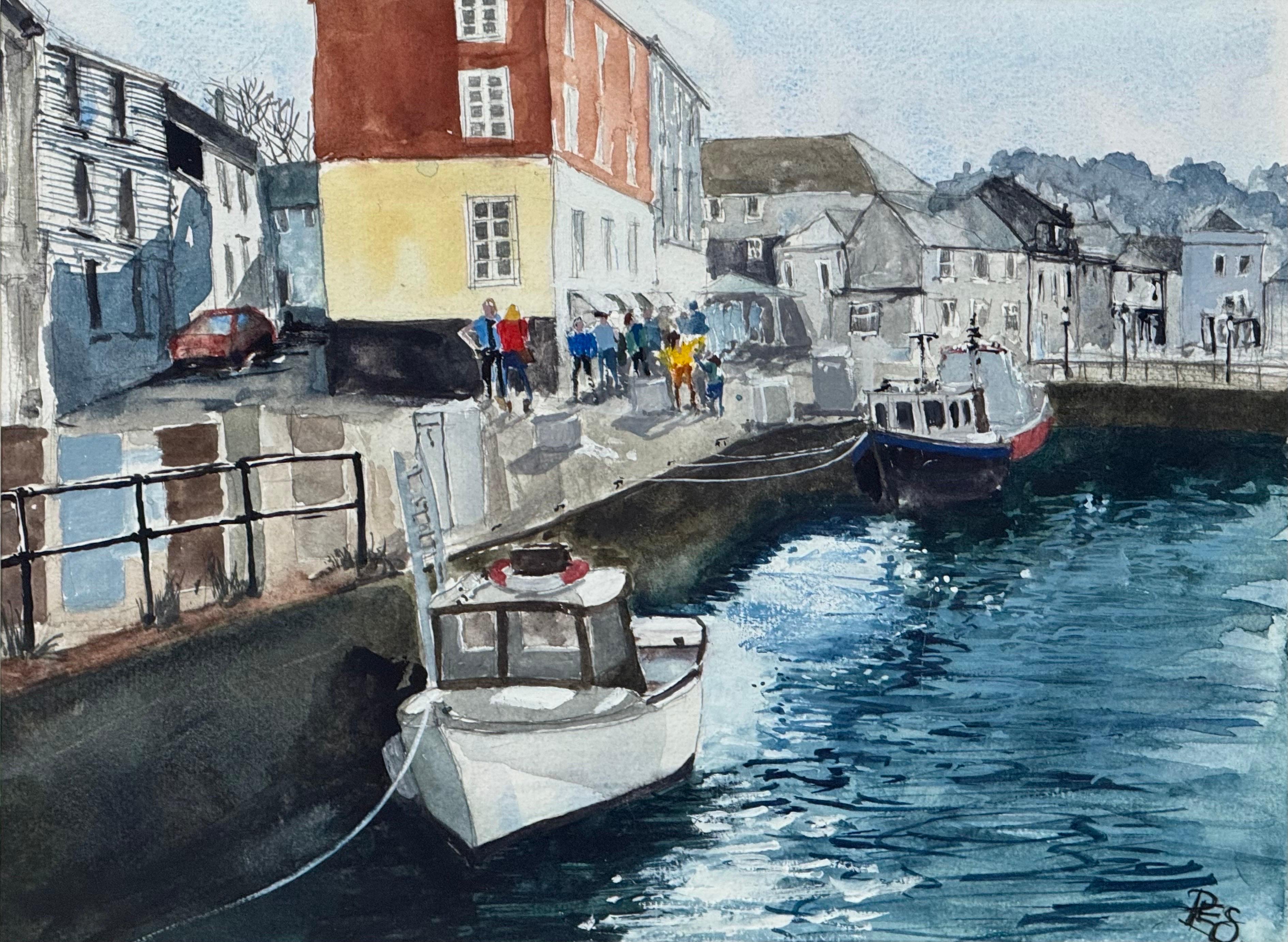 Aquarelle originale des quais de Padstow en Cornouailles dans le sud-ouest de l'Angleterre en vente 1