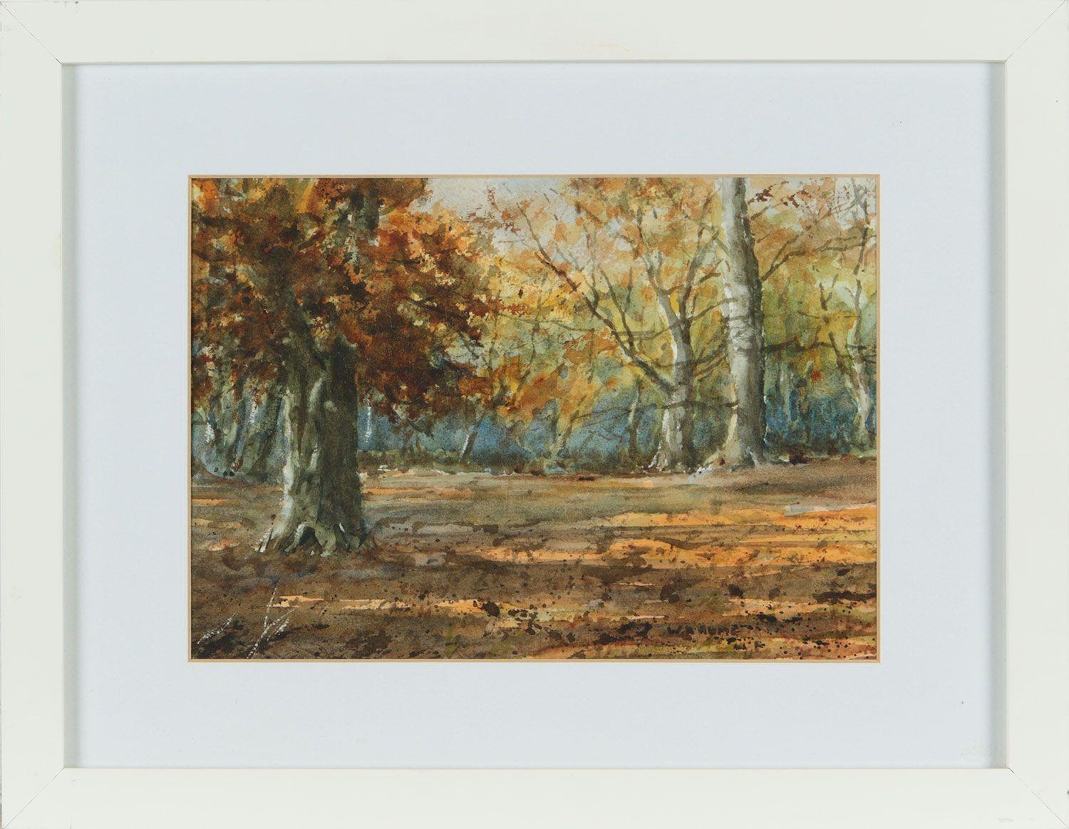 Figurative Art William Hume - Aquarelle du 19e siècle représentant des arbres d'automne dans la forêt de l'Irlande du Nord