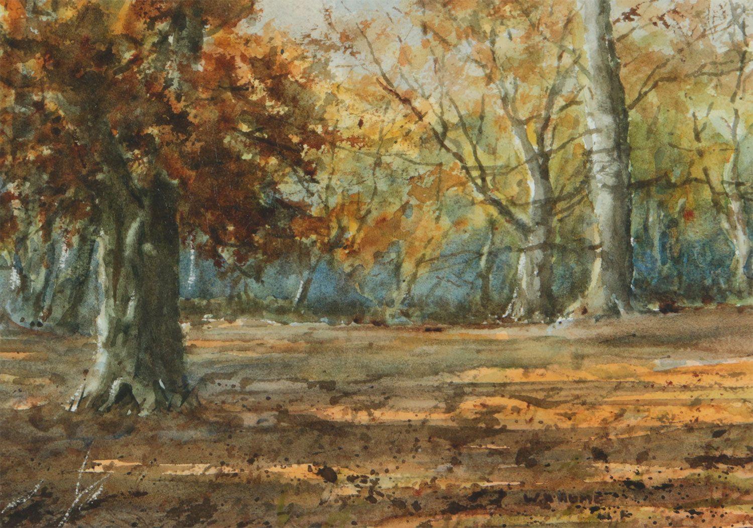 Aquarelle du 19e siècle représentant des arbres d'automne dans la forêt de l'Irlande du Nord - Art de William Hume