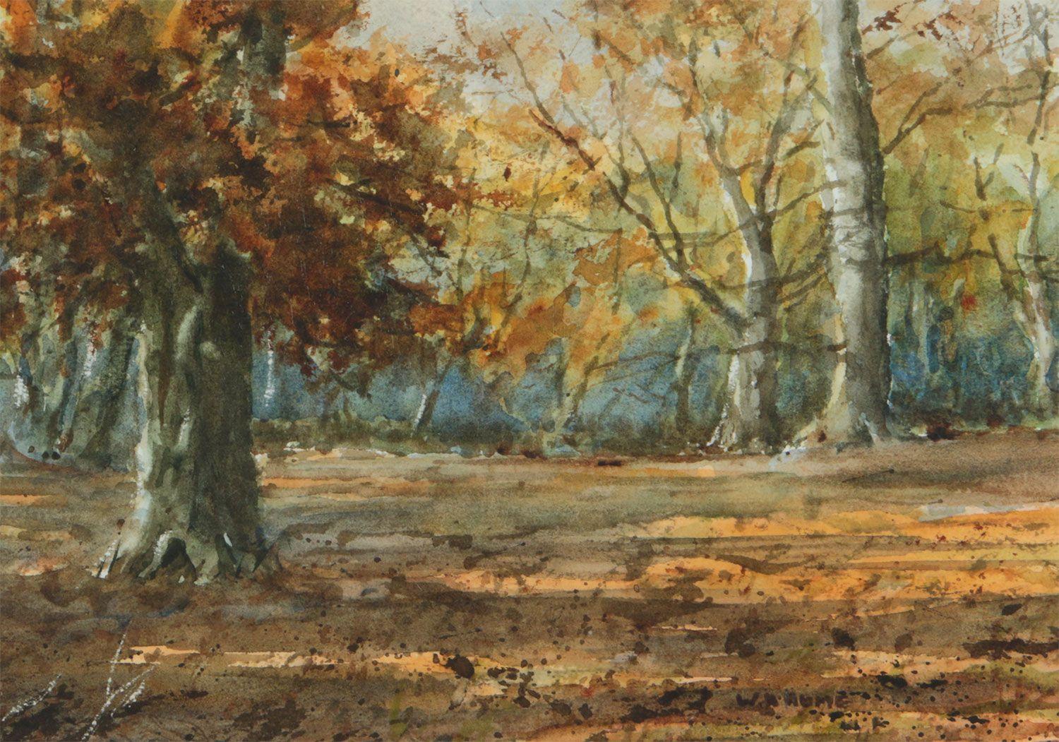 Aquarell aus dem 19. Jahrhundert mit herbstlichen Bäumen im nordirischen Wald, von William Hume, einem Künstler des 19. 

Kunst misst 11 x 8 Zoll 
Rahmen misst 17 x 13 Zoll 

Präsentiert in frischem, modernem Weiß mit weißem Passepartout 
Schönes
