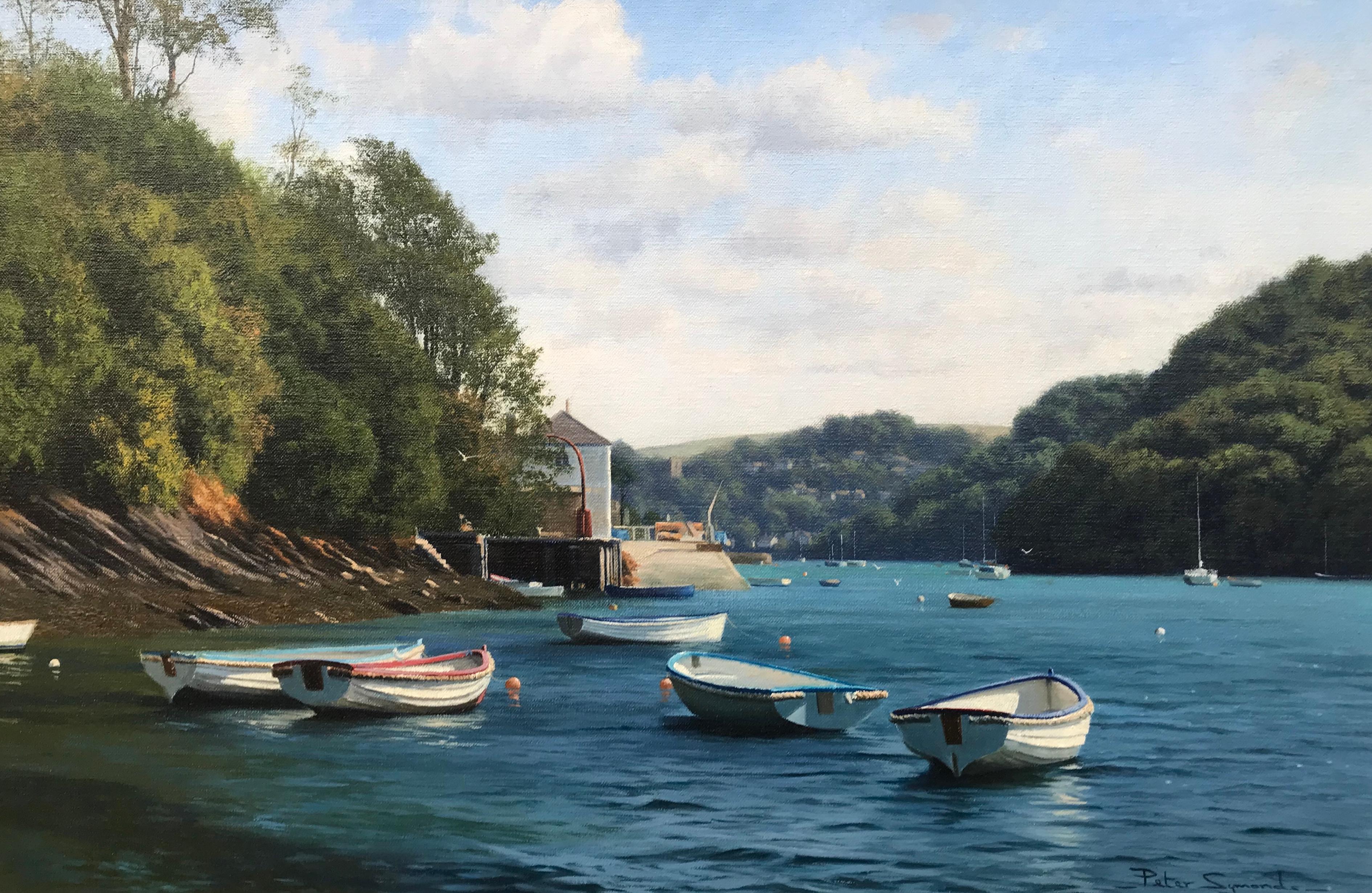Oil Painting of Boats on River Yealm Devon England by British Landscape Artist