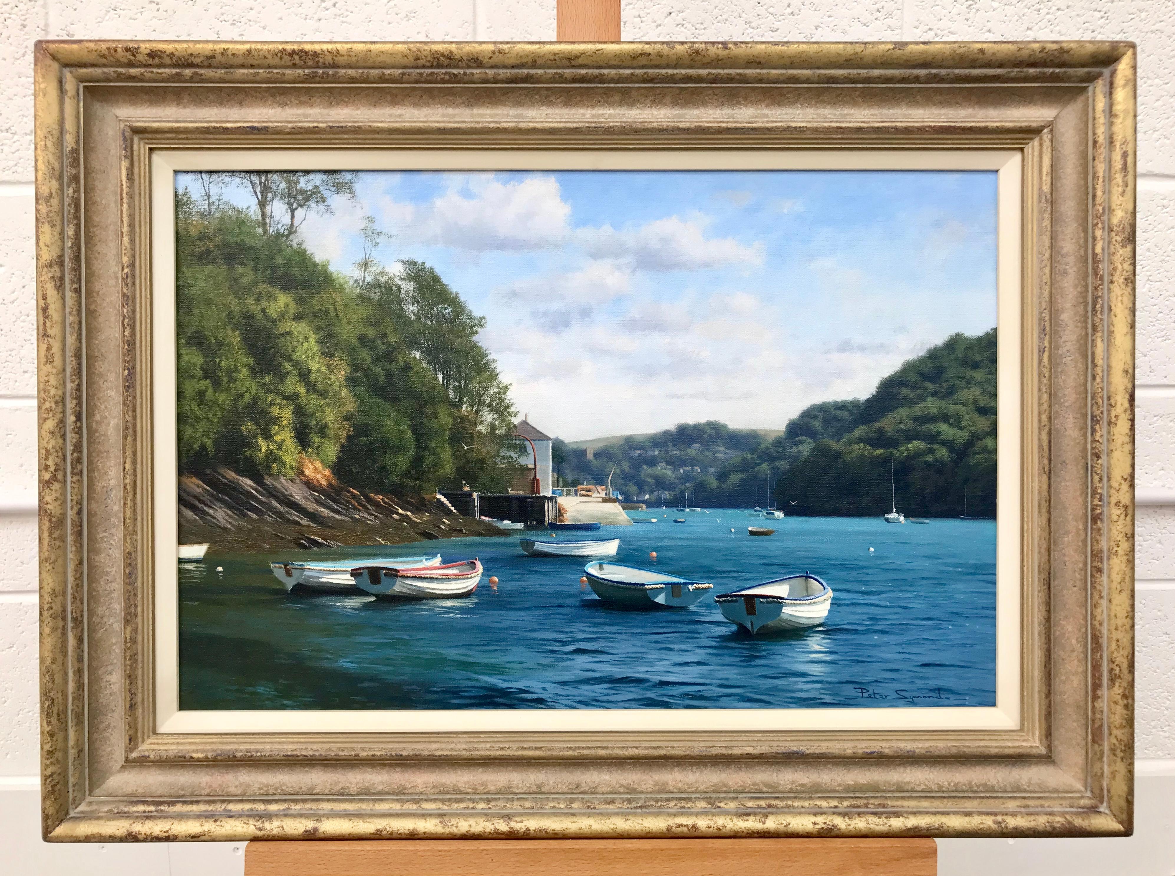 Pintura al óleo de Barcos en el río Yealm Devon Inglaterra por Paisajista Británico en venta 2