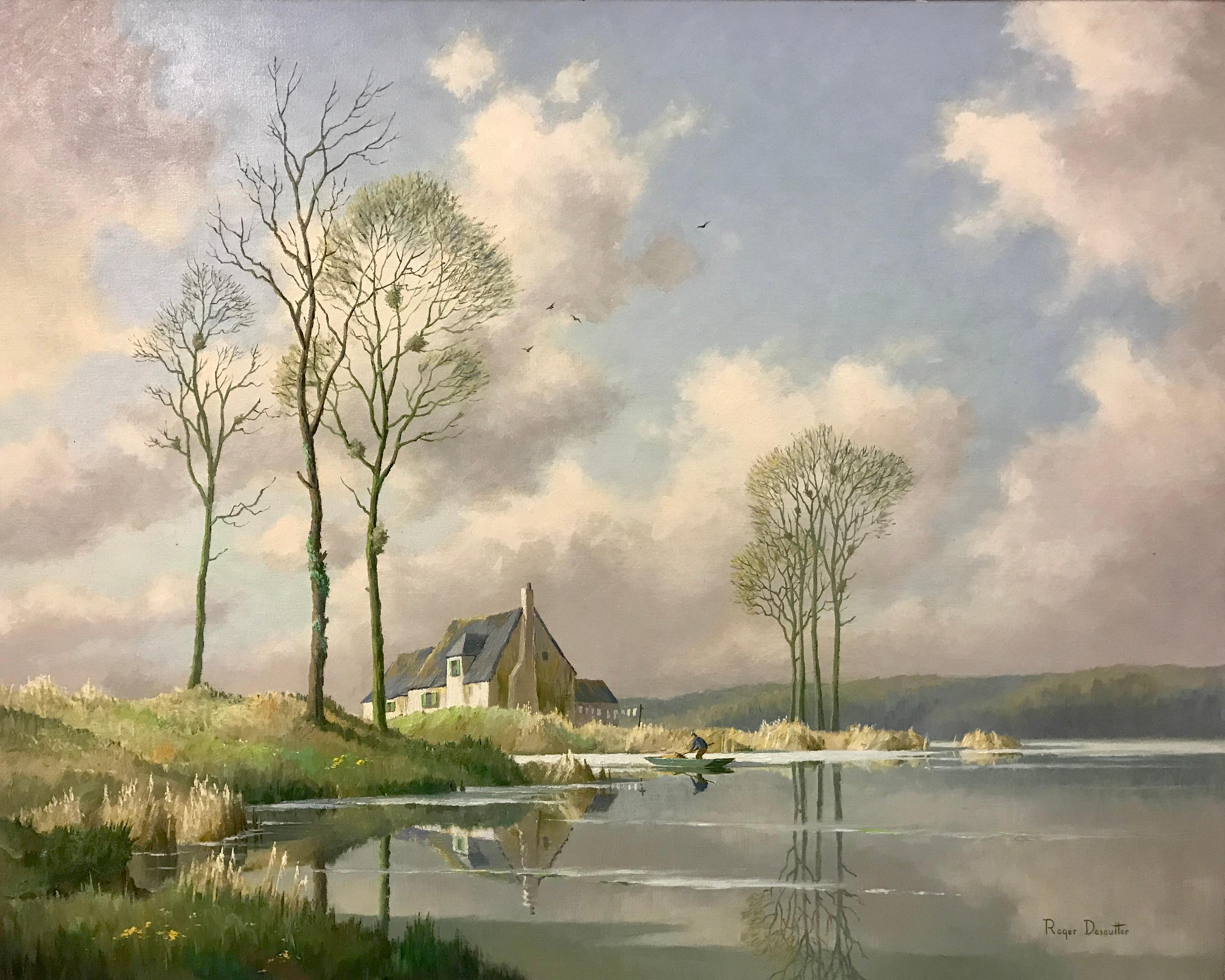 River Landscape Painting of Springtime in Picardy France with Boat and Clouds 13