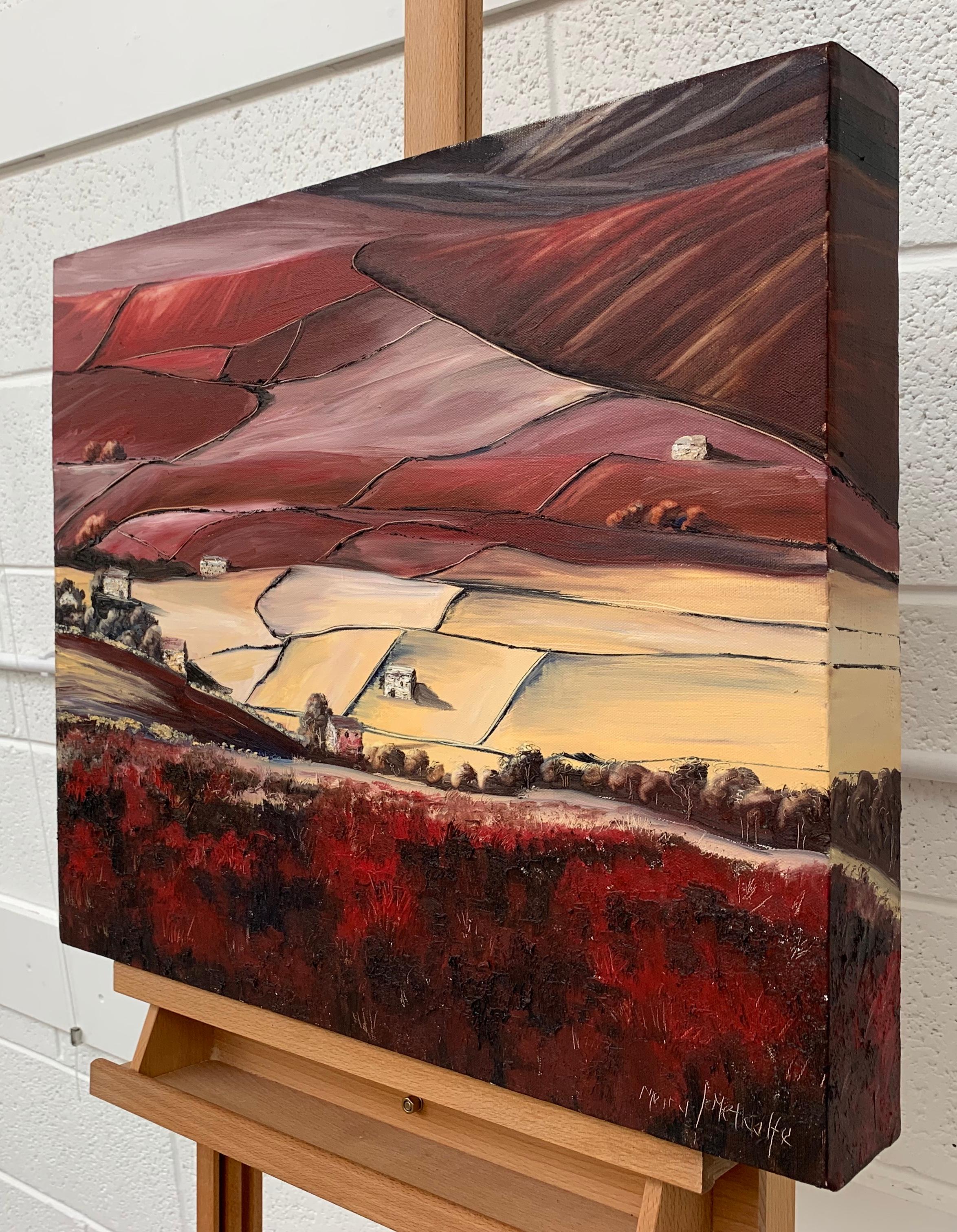 Peinture à l'huile des Dales du Yorkshire, paysage abstrait rouge - Territoire Painting par Moira Metcalfe