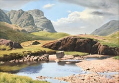 Large Realist River Mountain Landscape Oil Painting in English Lake District UK