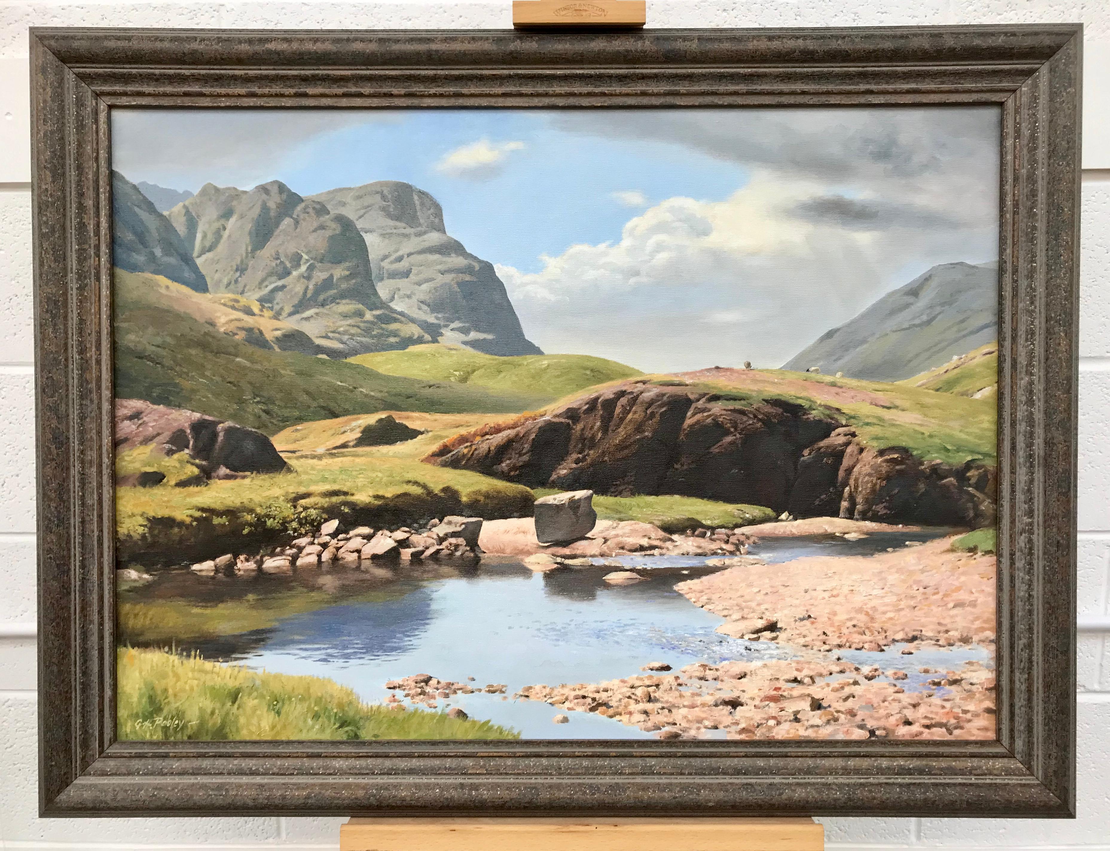 Großes realistisches Ölgemälde mit Flusslandschaft im englischen Lake District:: UK (Grau), Figurative Painting, von Geoffrey H Pooley