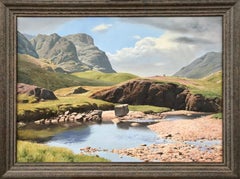 Large Realist River Mountain Landscape Oil Painting in English Lake District UK