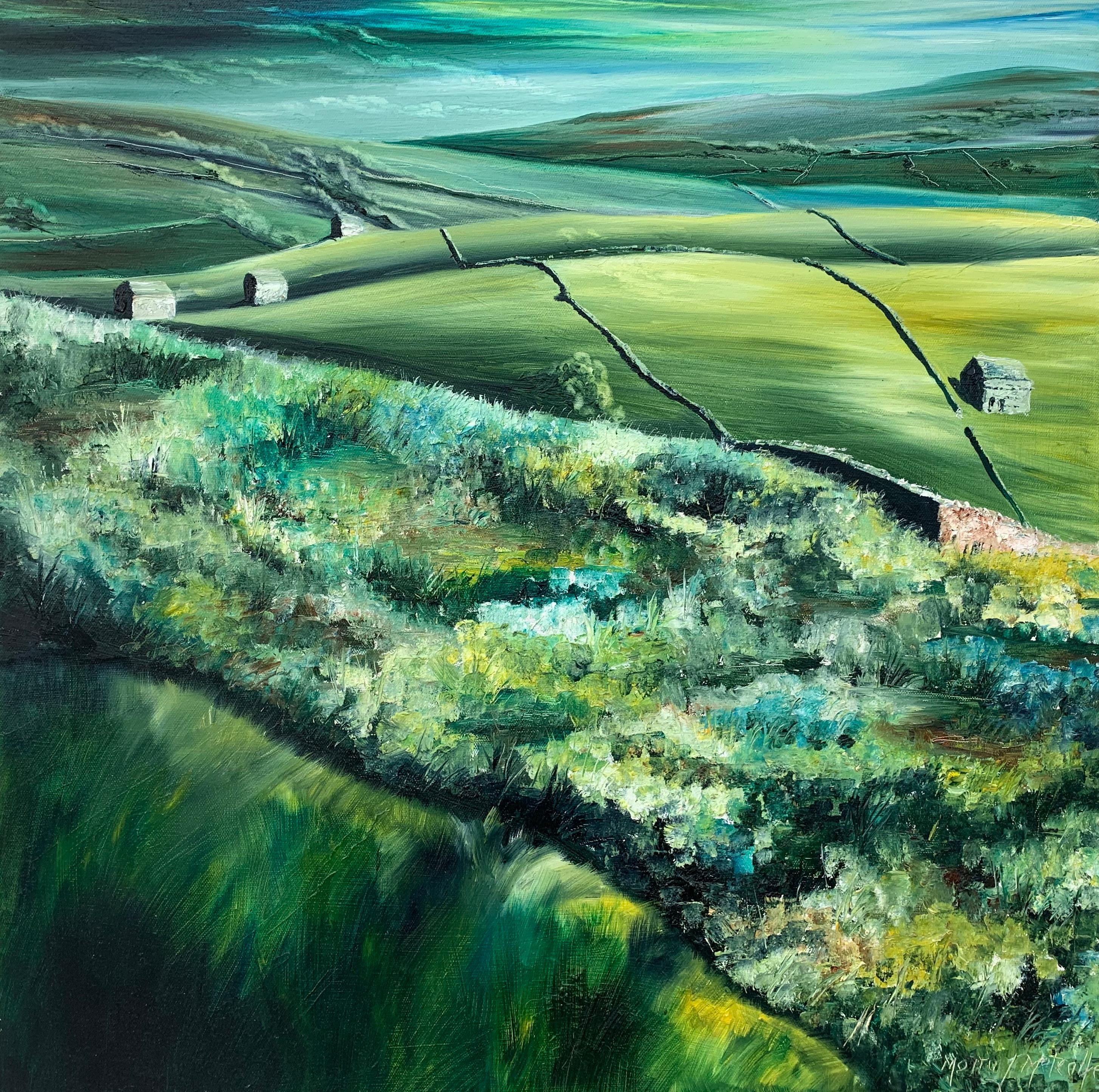 Moira Metcalfe Abstract Painting – Yorkshire Dales Grüne Felder Abstrakte Landschaft Ölgemälde des britischen Künstlers